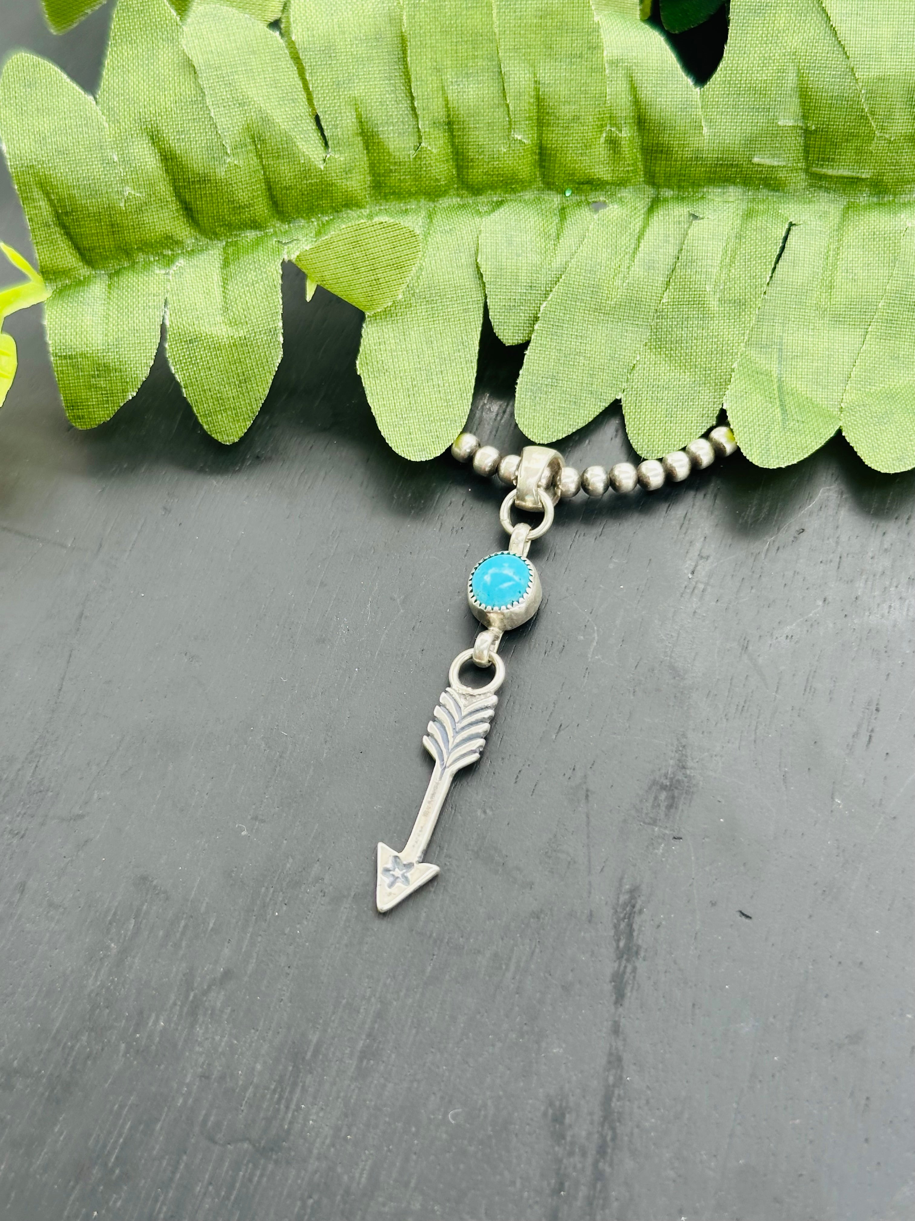 Navajo Handmade Kingman Turquoise & Sterling Silver Arrow Pendant