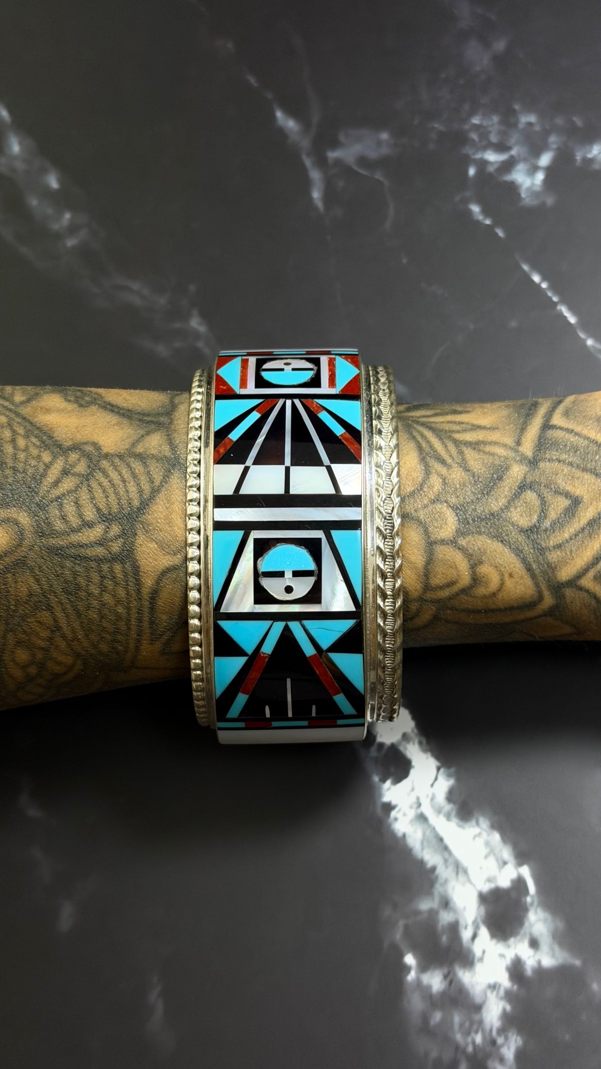 Rick & Lucy Multi Stone & Sterling Silver Inlay Sunface Cuff Bracelet