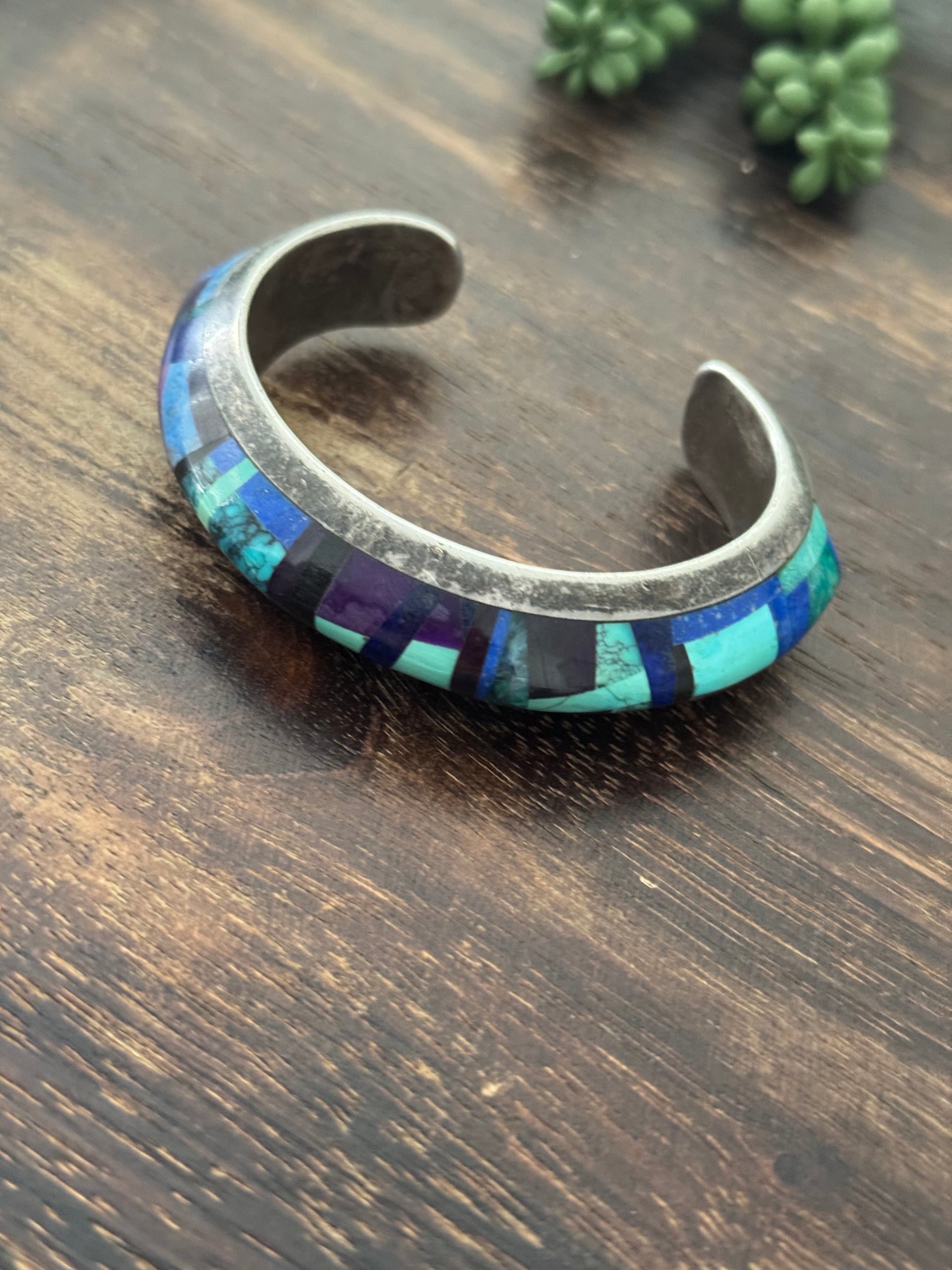 Vintage Navajo Made Multi Stone & Sterling Silver Inlay Cuff Bracelet
