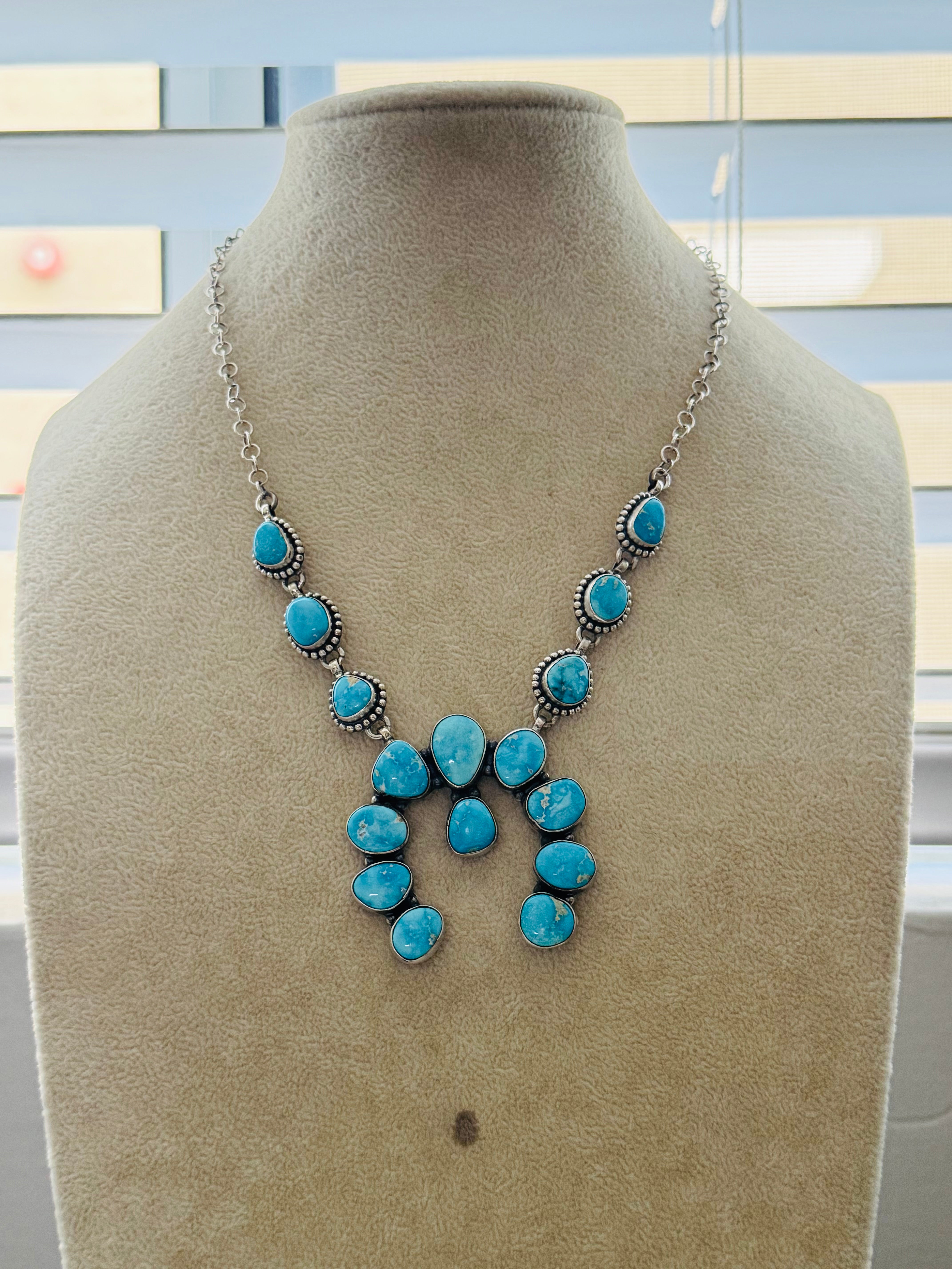 TTD Valley Blue Turquoise & Sterling Silver Squash Naja Necklace