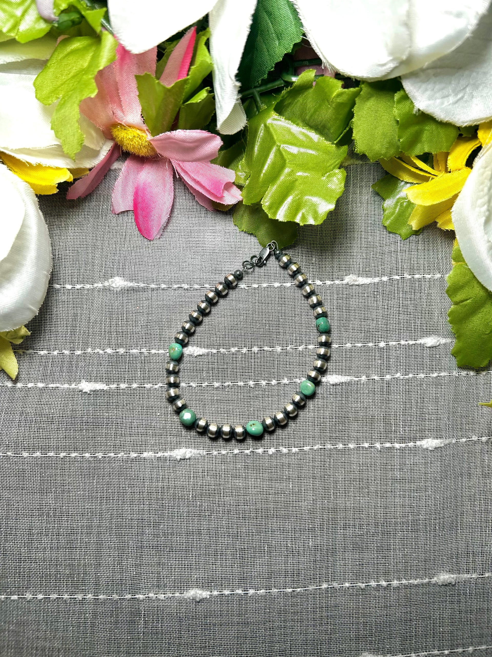 Navajo Made Strung Royston Turquoise & Sterling Silver Link Bracelet