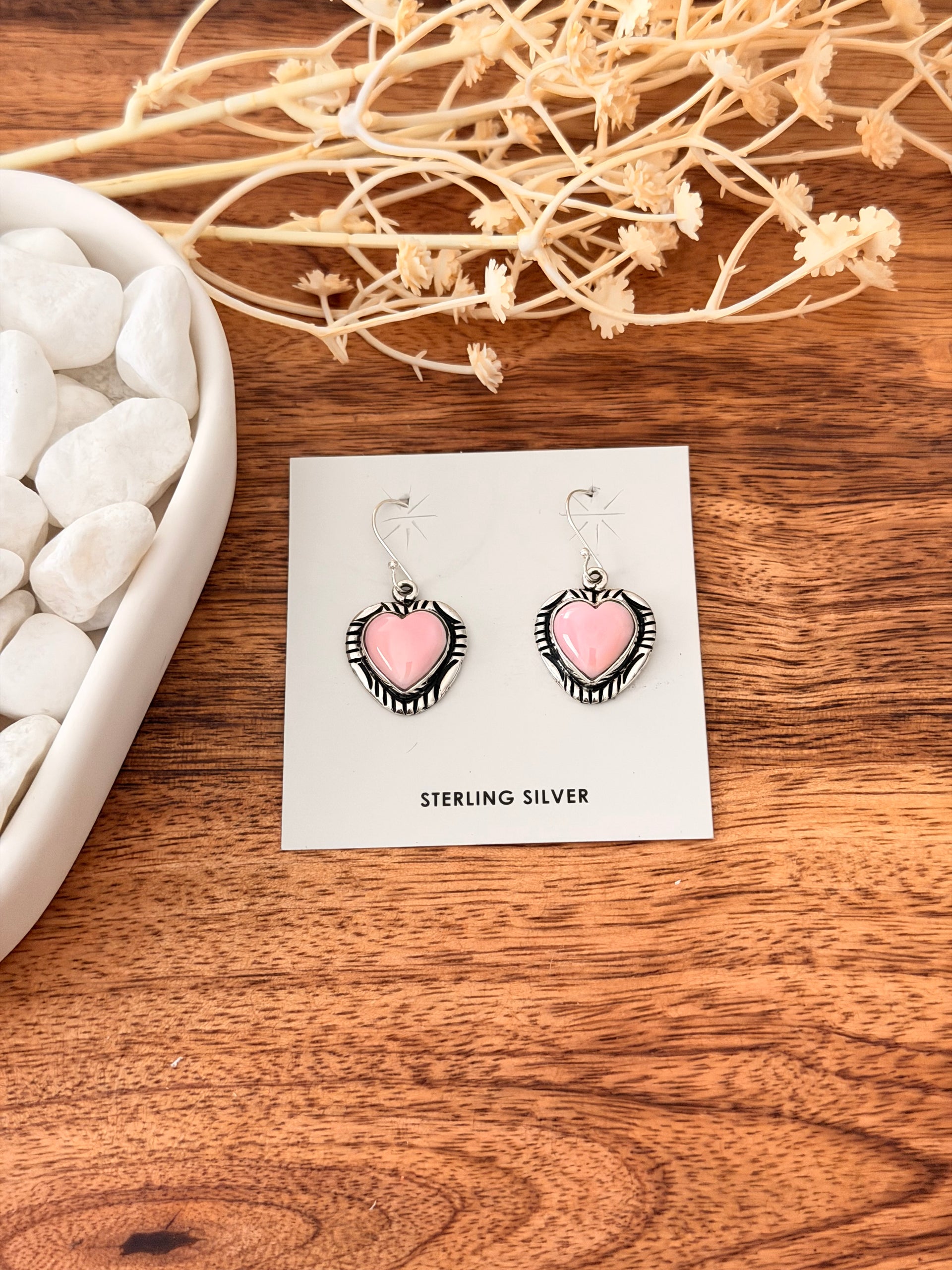 Navajo Made Pink Conch & Sterling Silver Dangle Heart Earrings