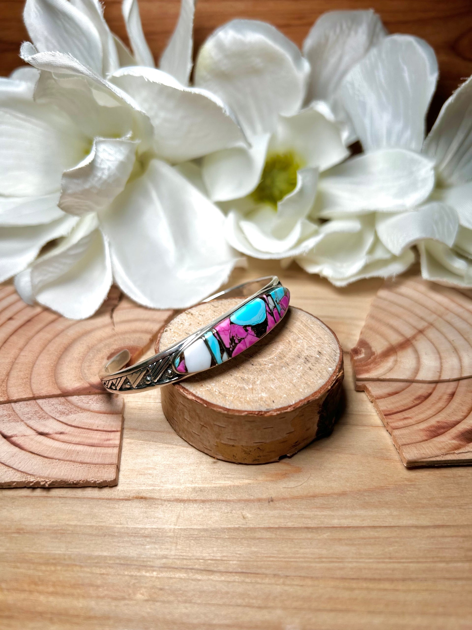 Navajo Made Cotton Candy Dahlia & Sterling Silver Cuff Bracelet