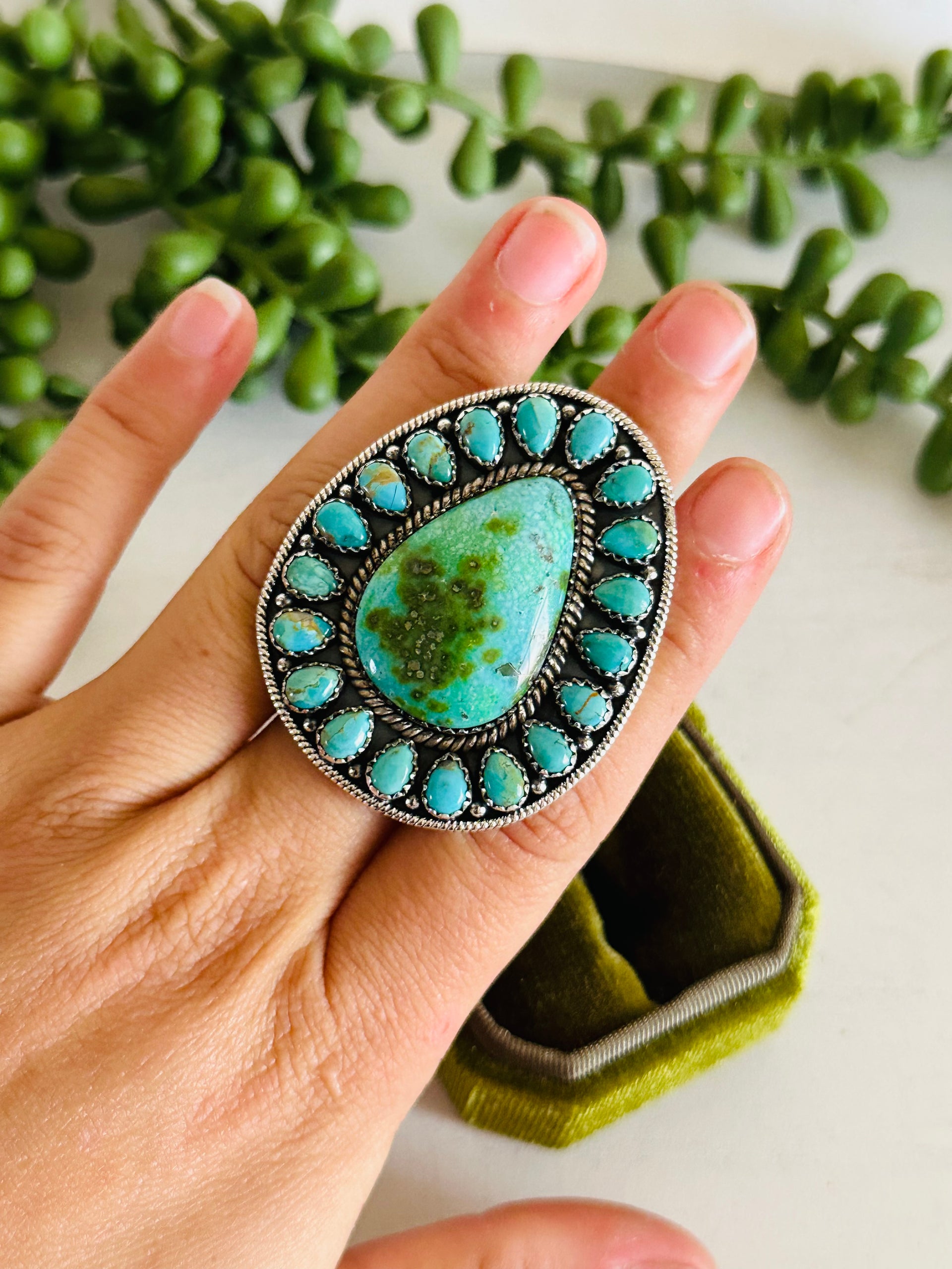 Southwest Handmade Multi Turquoise & Sterling Silver Adjustable Cluster Ring