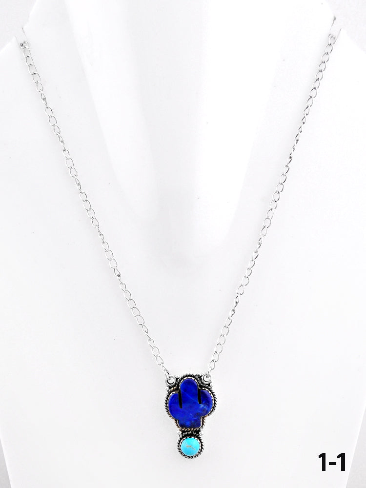 Southwest Handmade Multi Stone & Sterling Silver Cactus Necklace
