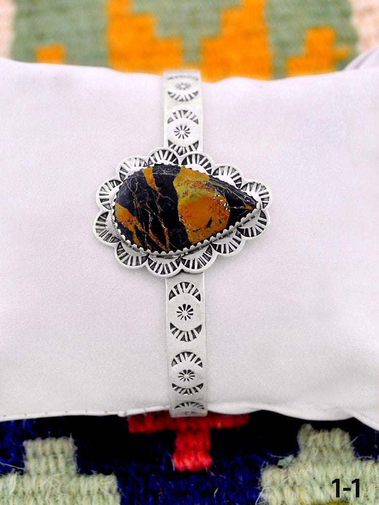 Southwest Handmade Black Jack Turquoise  & Sterling Silver Cuff Bracelet