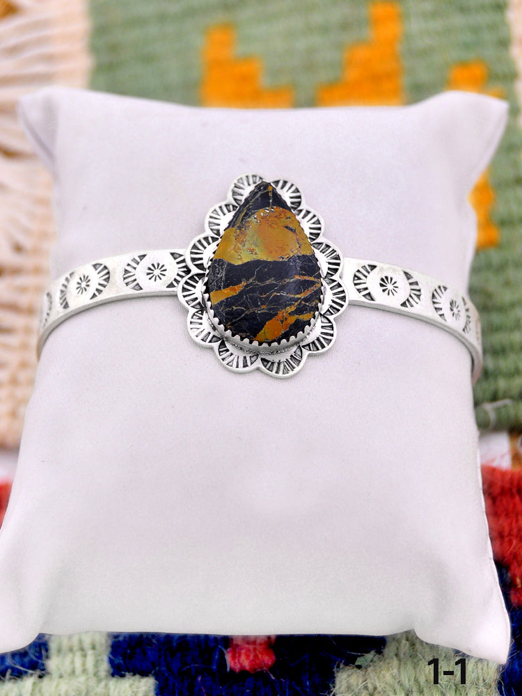 Southwest Handmade Black Jack Turquoise  & Sterling Silver Cuff Bracelet