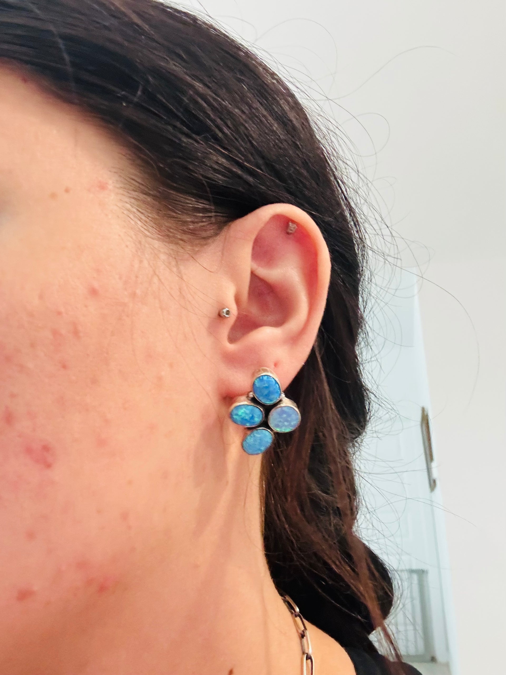 Southwest Handmade Blue Opal & Sterling Silver Post Dangle Cluster Earrings