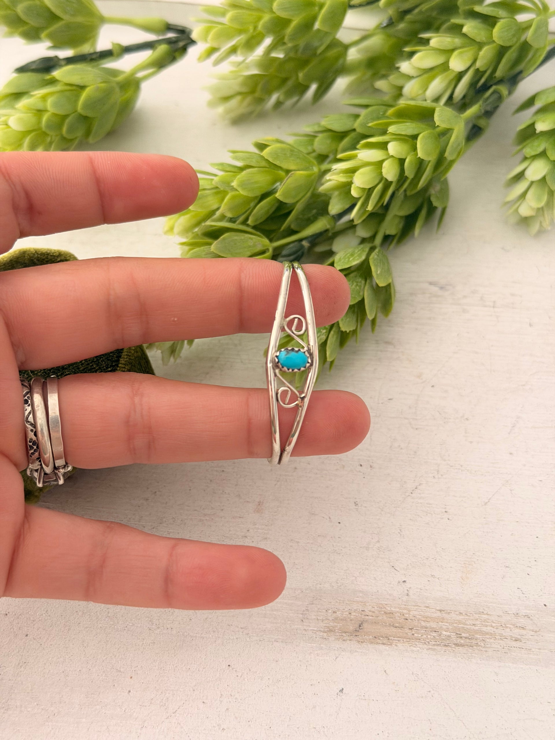Navajo Made Kingman Turquoise & Sterling Silver Baby Cuff Bracelet