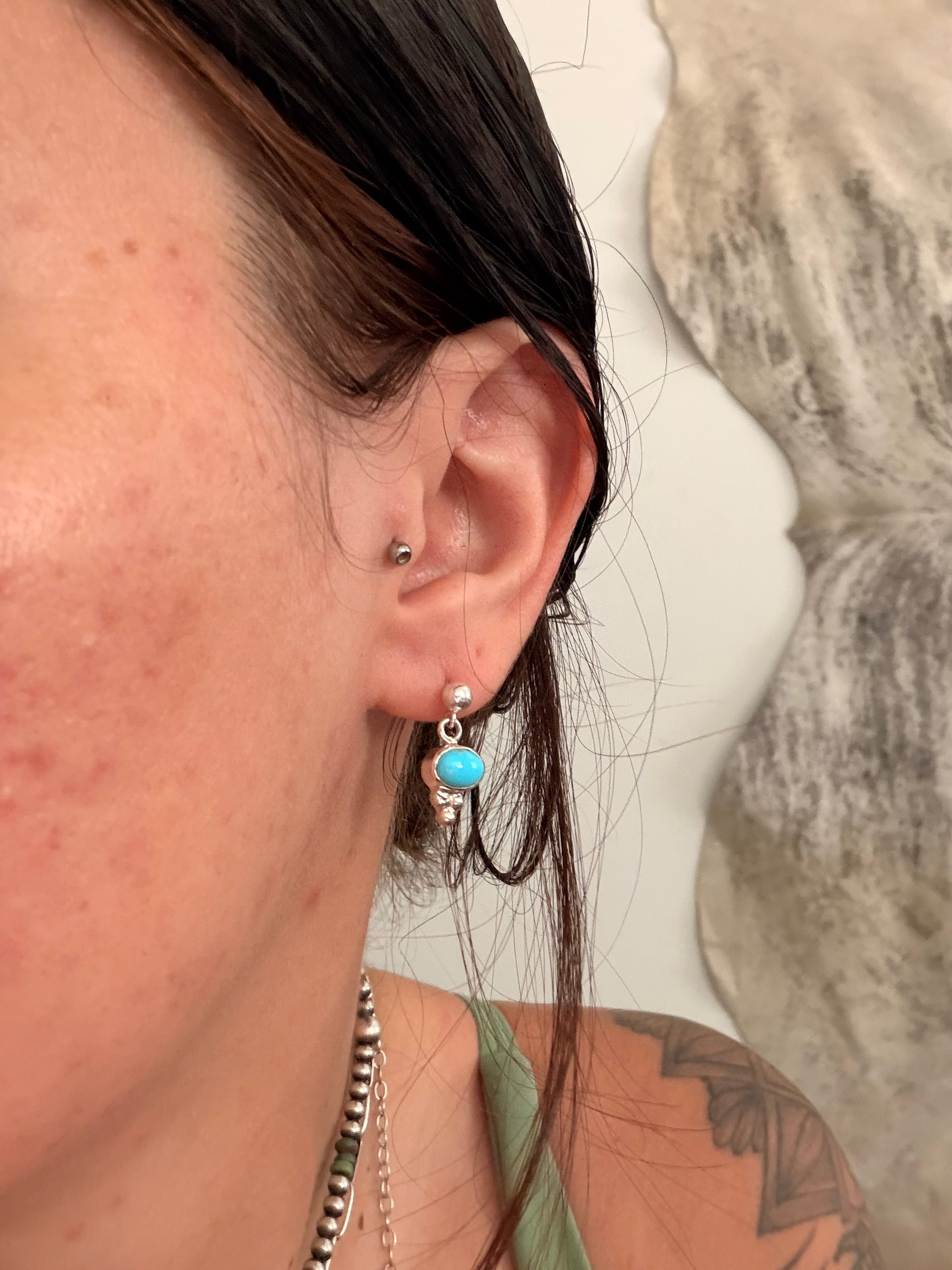 Navajo Made Sleeping Beauty Turquoise & Sterling Silver Post Dangle Earrings