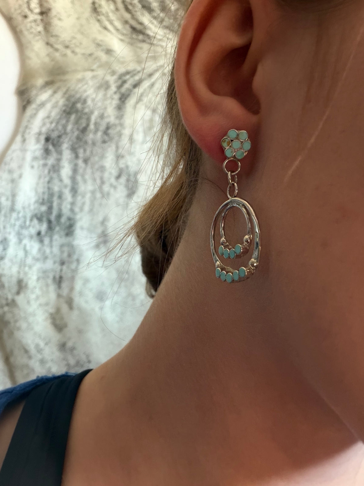 Michelle Peina Made Kingman Turquoise & Sterling Silver Inlay Post Dangle Earrings