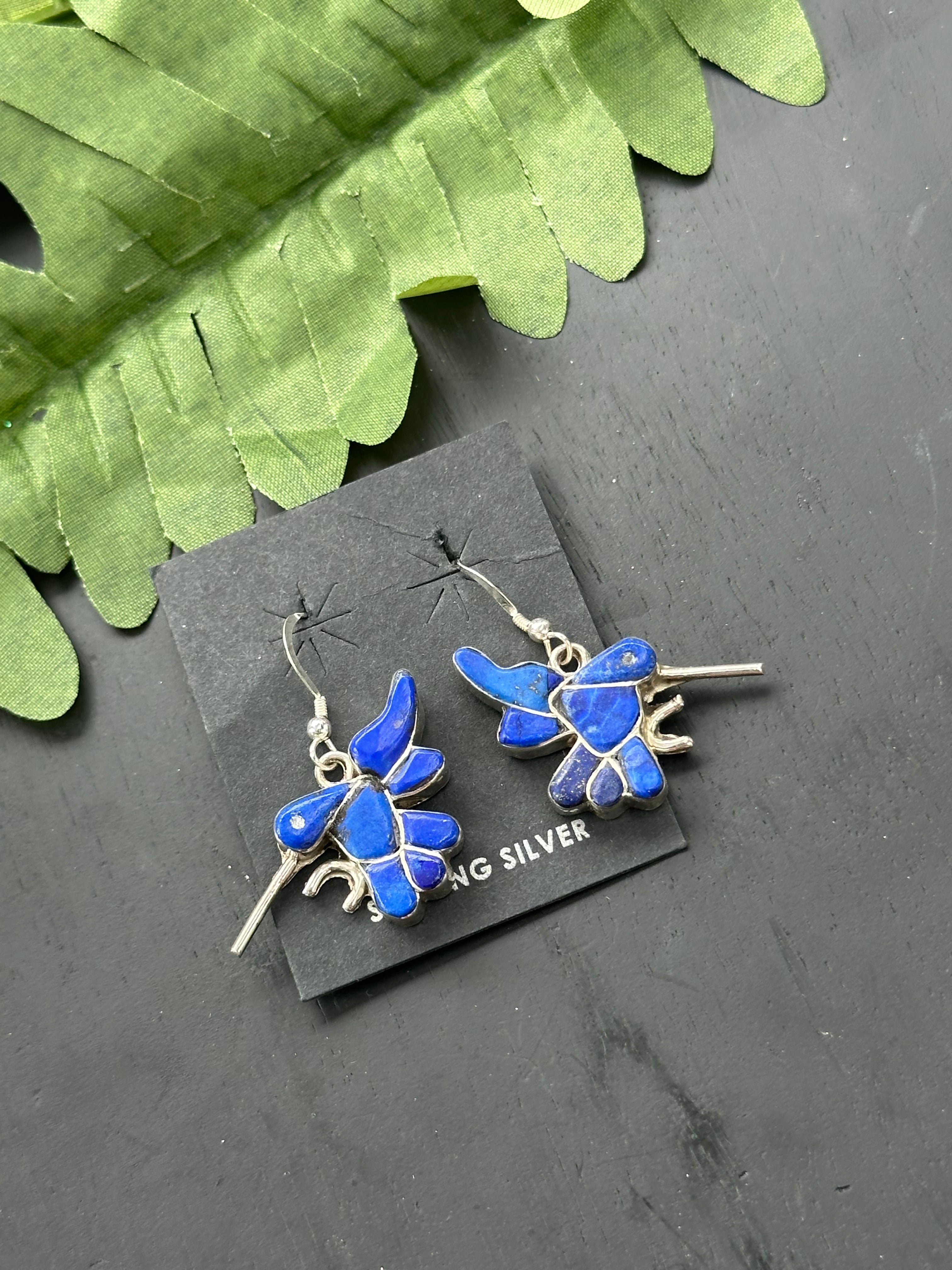 Zuni Made Lapis & Sterling Silver Hummingbird Dangle Earrings