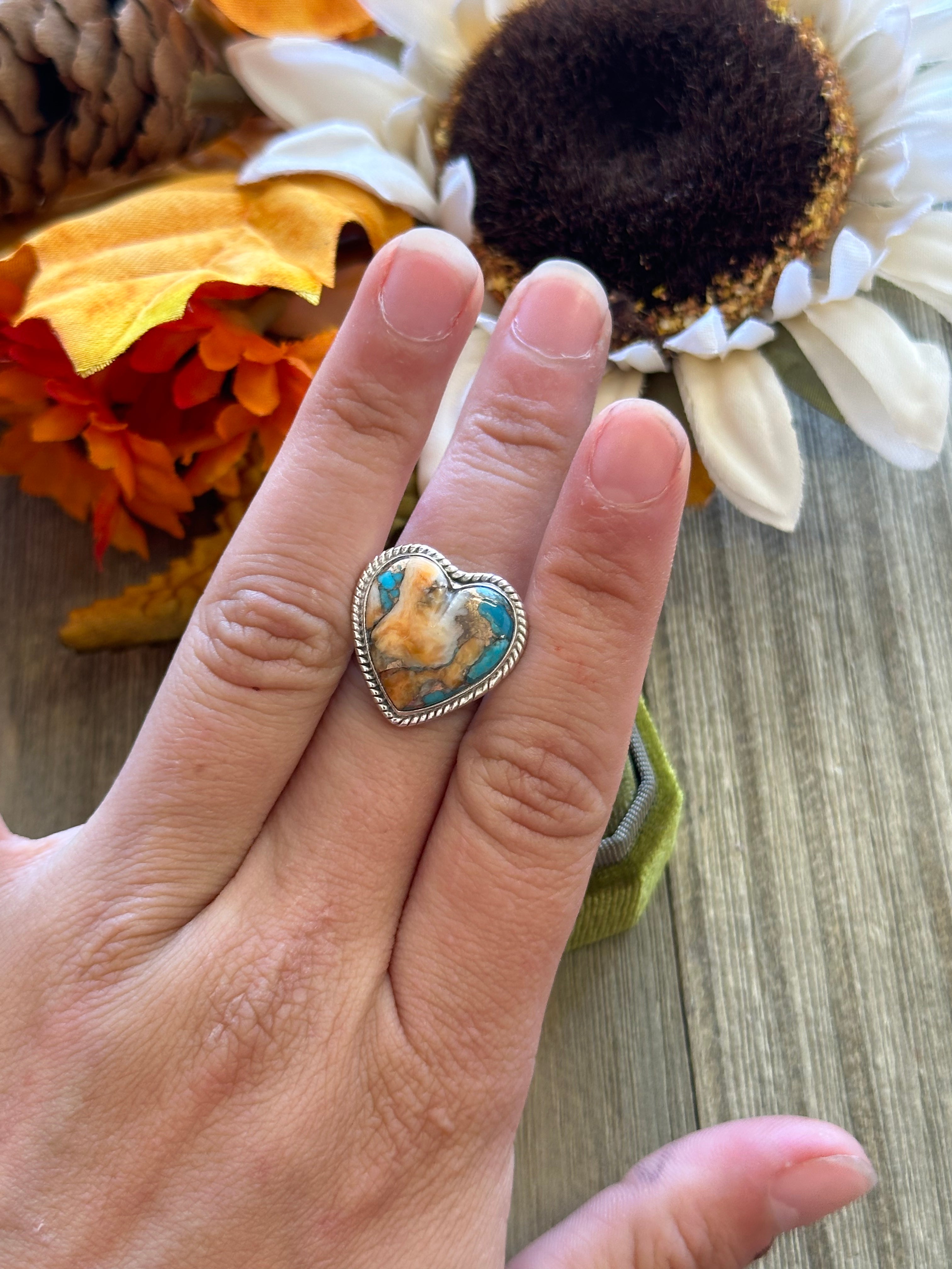 Southwest Handmade Mohave Turquoise & Sterling Silver Adjustable Heart Ring