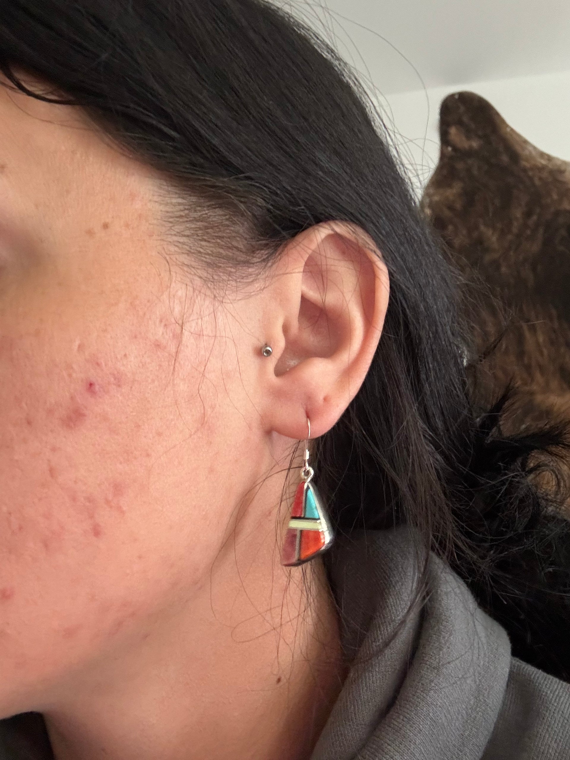 Navajo Made Multi Stone & Sterling Silver Inlay Dangle Earrings