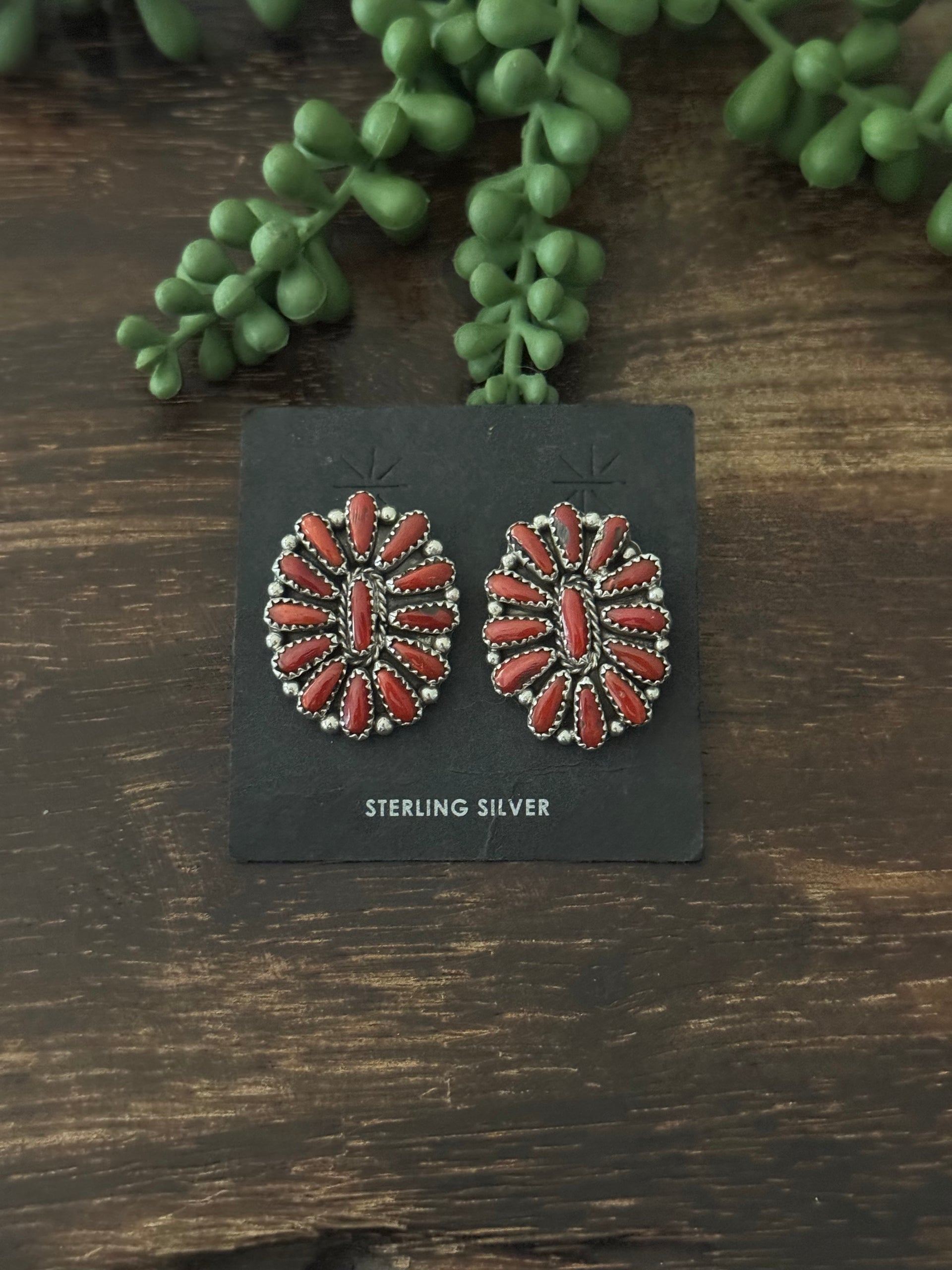 Navajo Made Red Coral & Sterling Silver Post Cluster Earrings