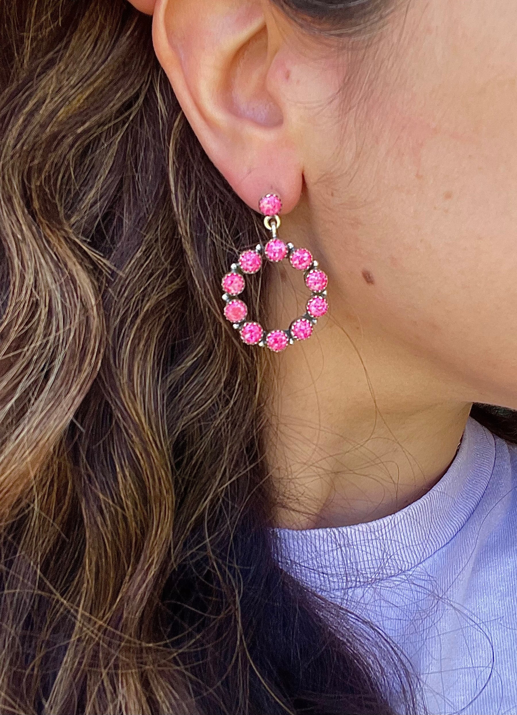 Southwest Handmade Pink Opal Post Circle Earrings