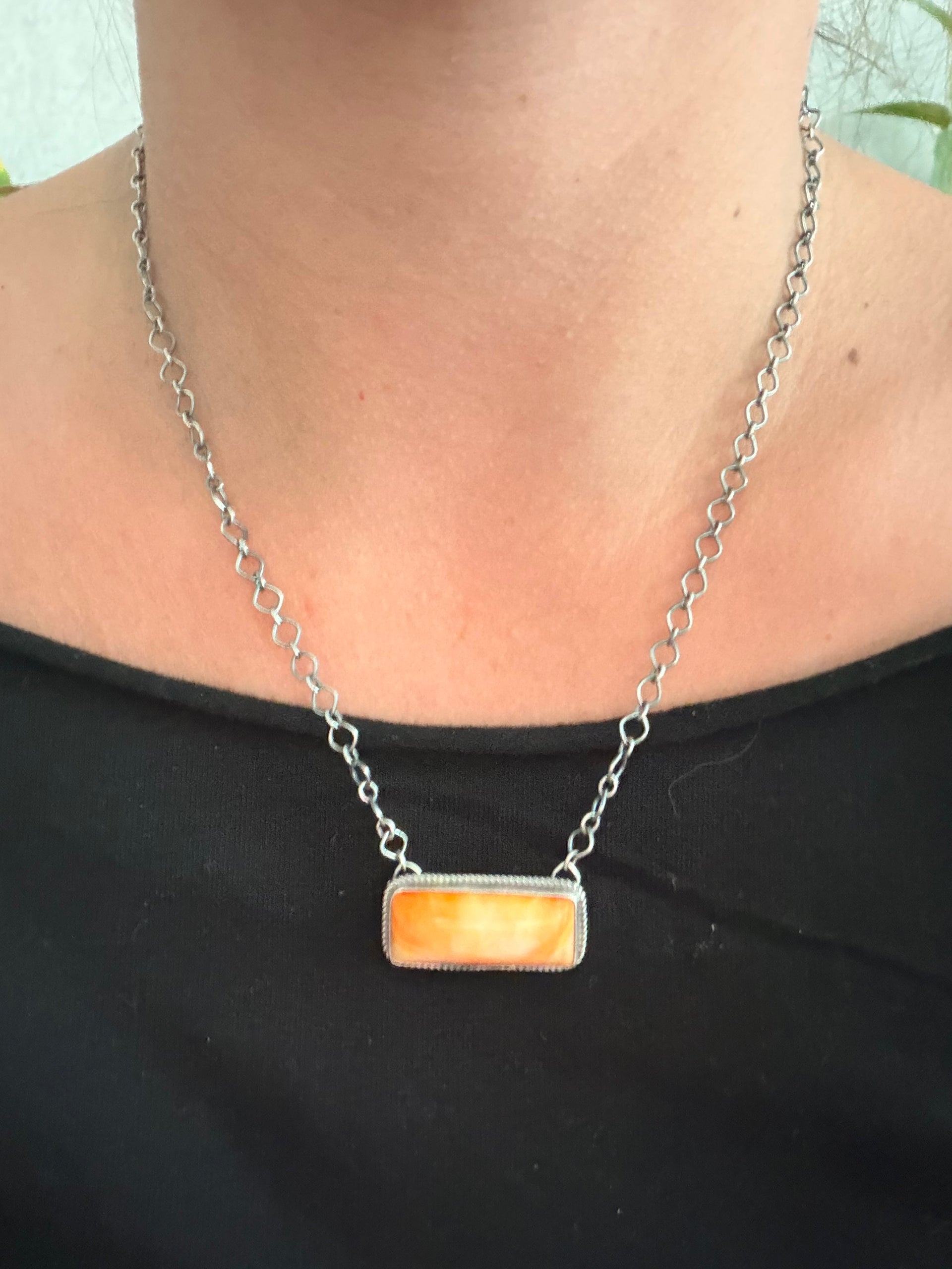 George Rios Spiny Oyster & Sterling Silver Choker Bar Necklace