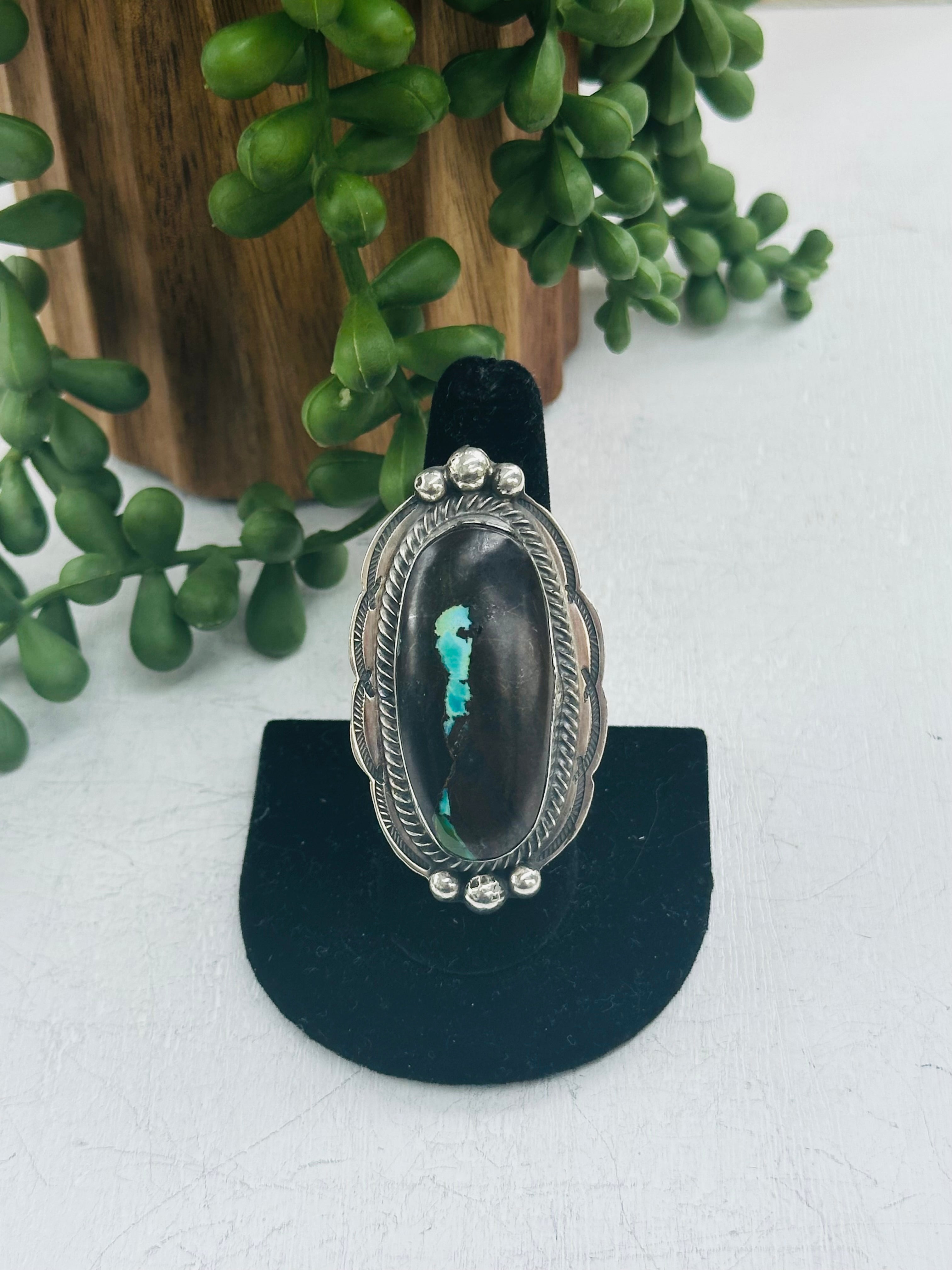 Navajo Made Black Jack Turquoise & Sterling Silver Adjustable Ring