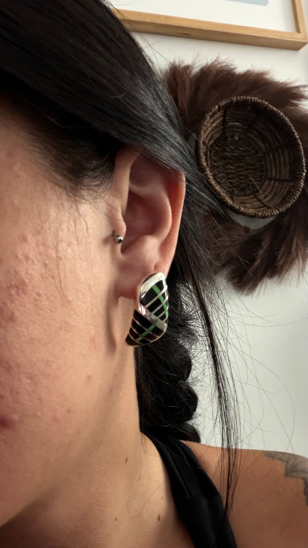 Navajo Made Multi Stone & Sterling Silver Post Dangle Inlay Earrings