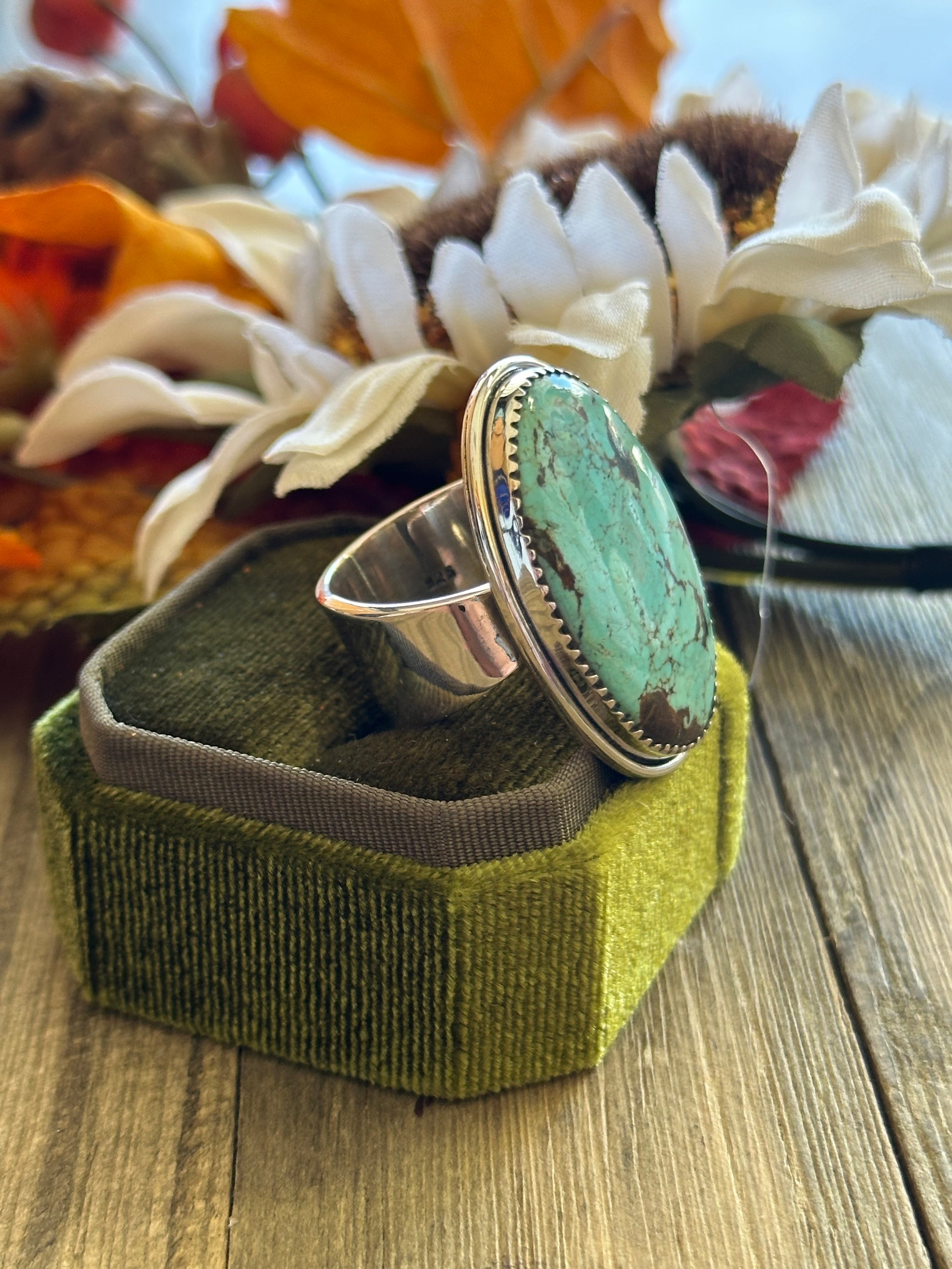 Southwest Handmade #8 Turquoise & Sterling Silver Adjustable Ring