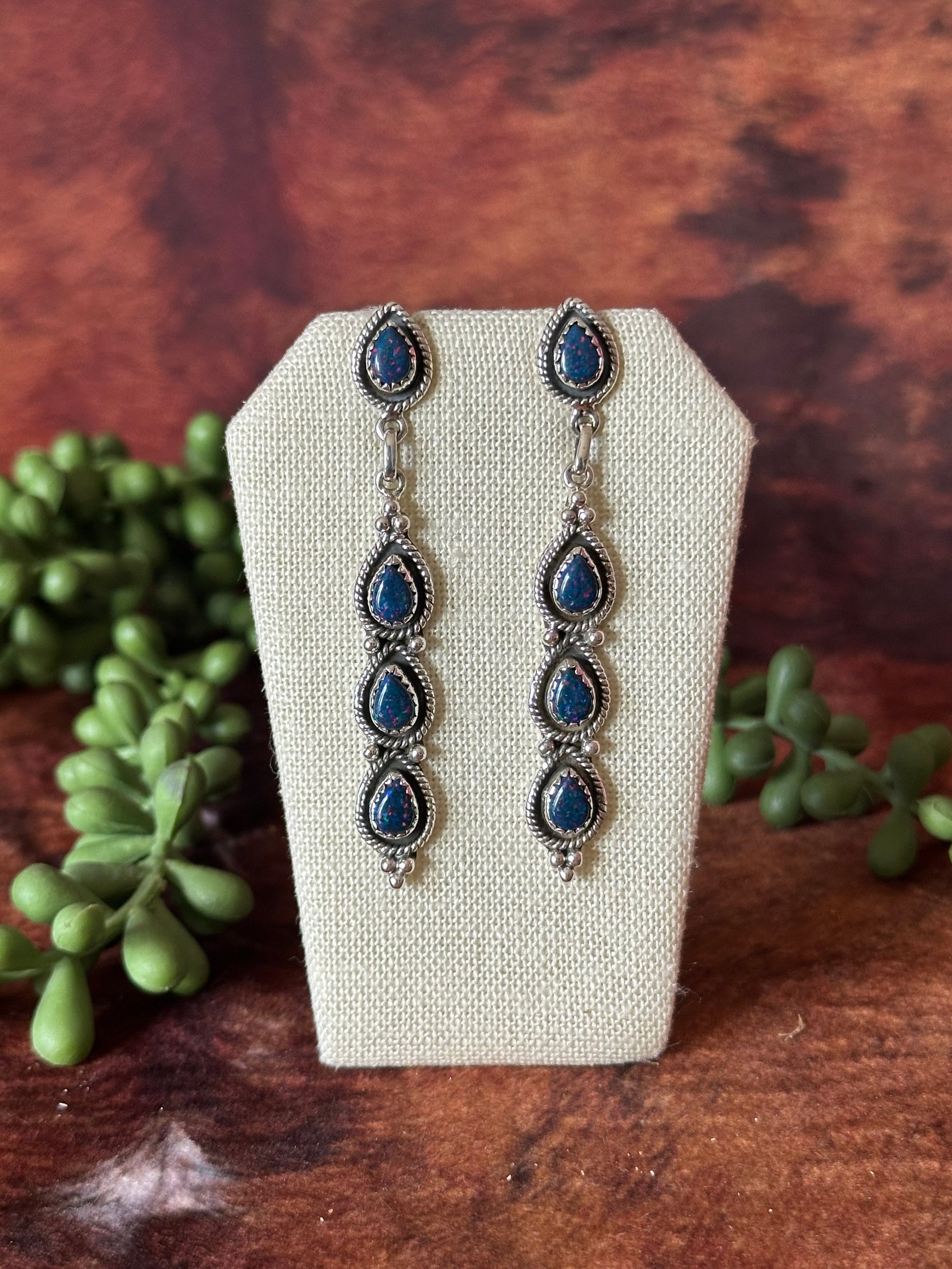 Southwest Handmade Blue Opal & Sterling Silver Post Dangle Earrings