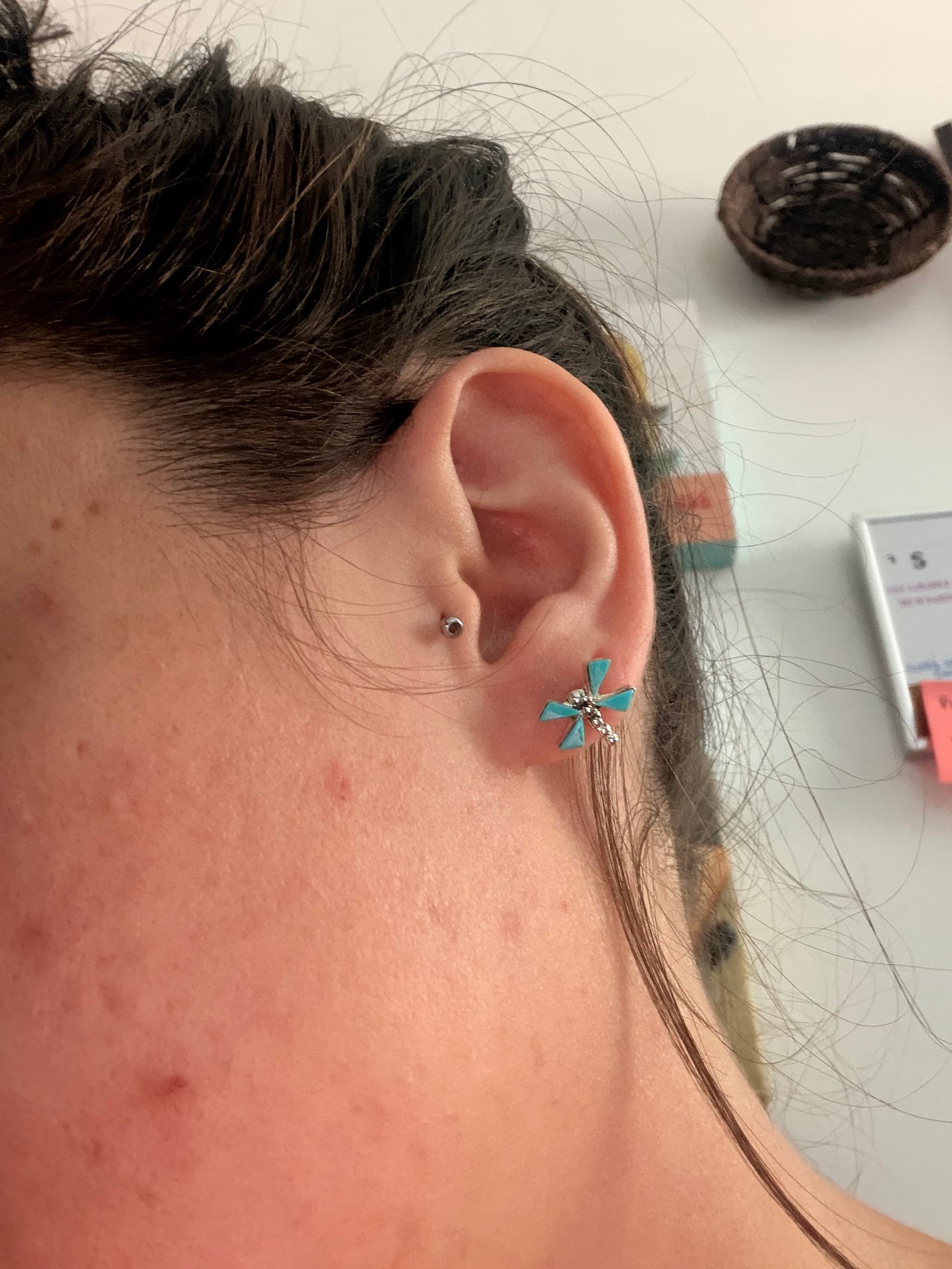 Navajo Made Kingman Turquoise & Sterling Silver Post Cluster Dragonfly Earrings