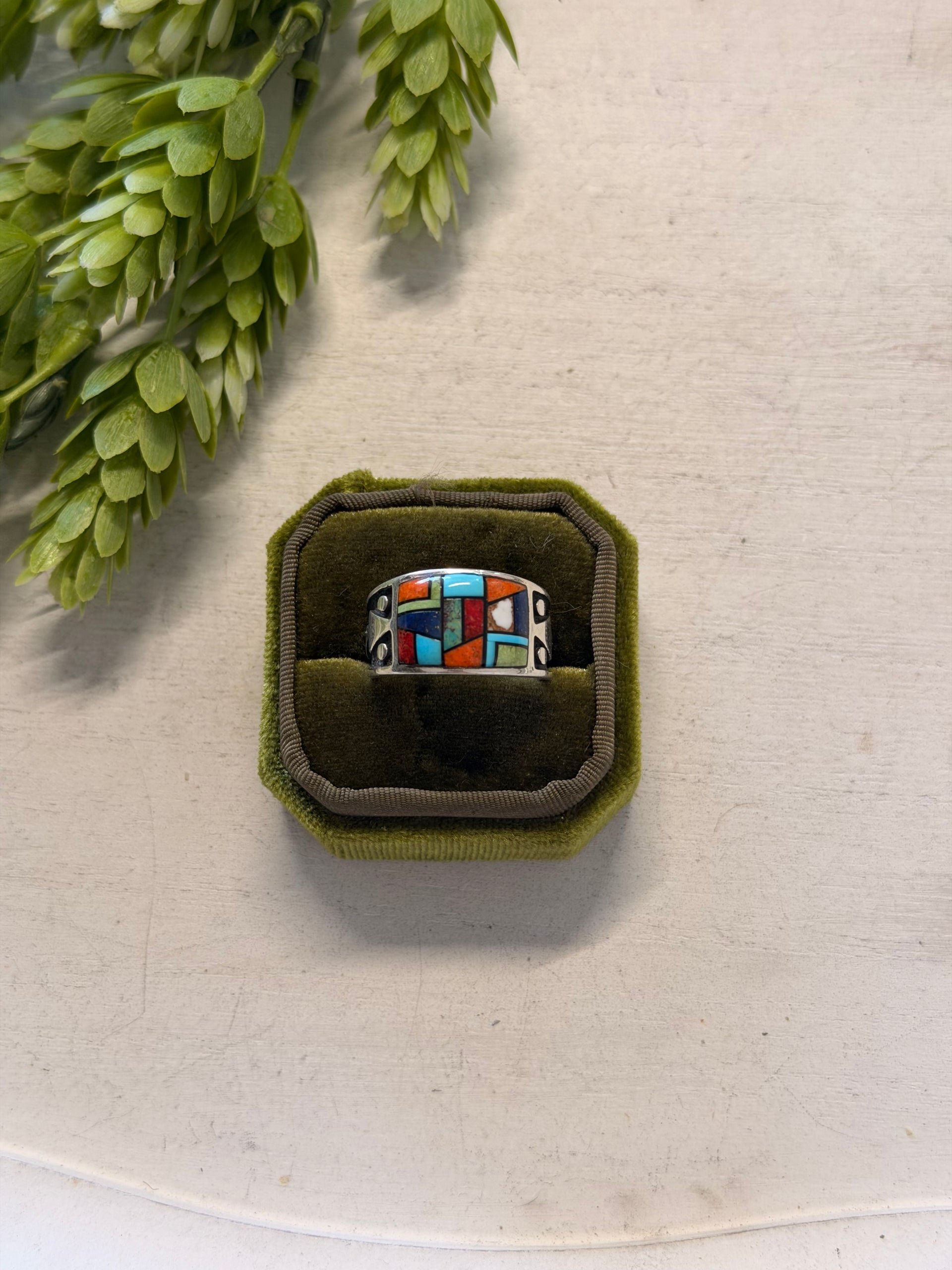 Navajo Made Multi Stone & Sterling Silver Inlay Ring Size 11