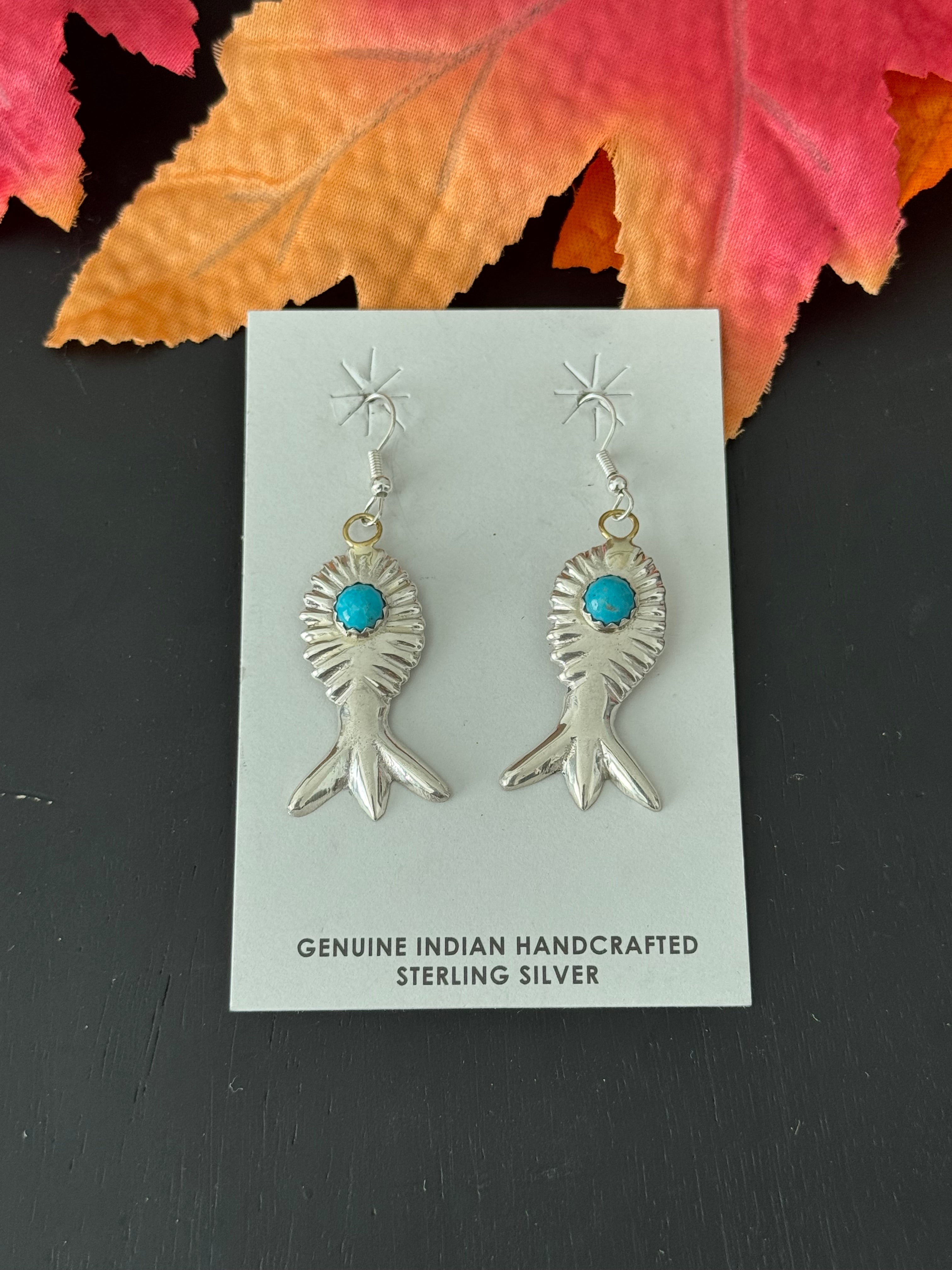 Navajo Made Kingman Turquoise & Sterling Silver Dangle Earrings