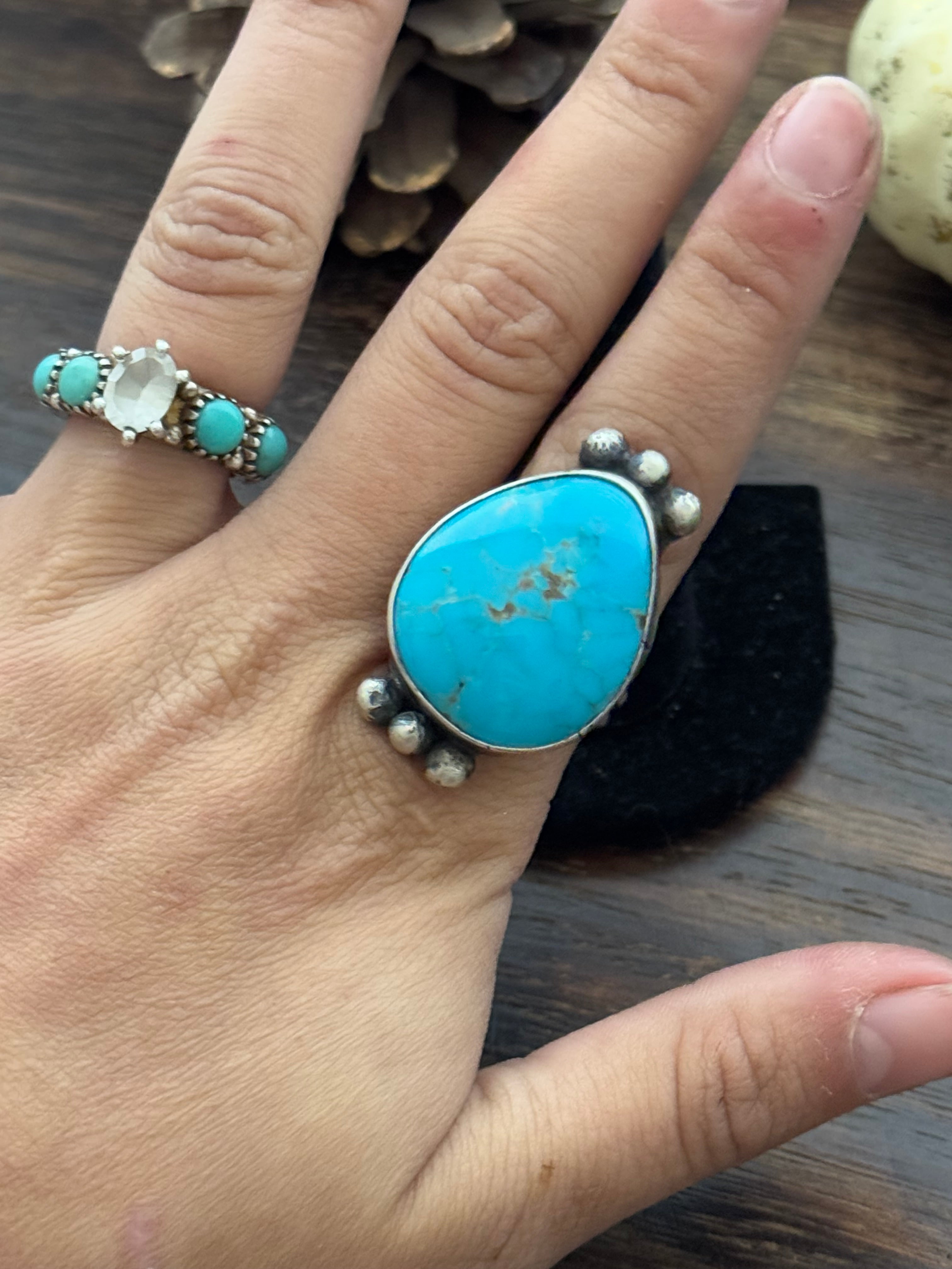 Navajo Made Kingman Turquoise & Sterling Silver Ring Size 10.25