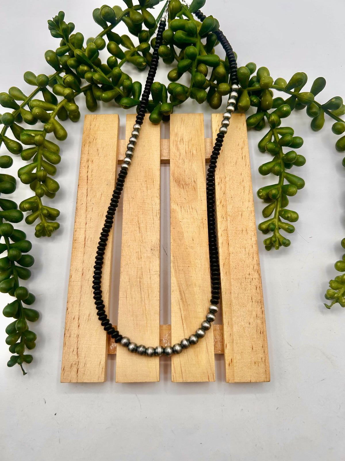 Navajo Made Strung Onyx & Sterling Silver Necklace