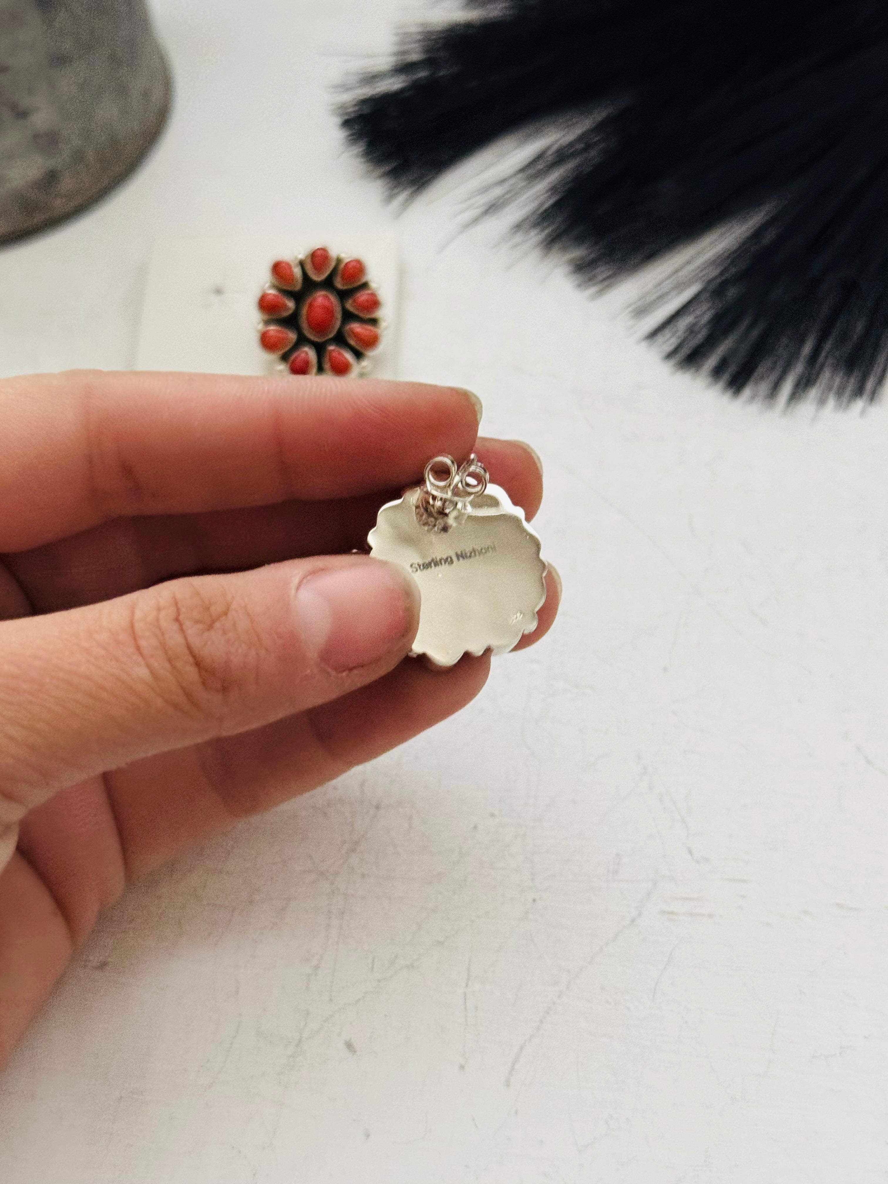 Southwest Handmade Red Coral & Sterling Silver Post Earrings