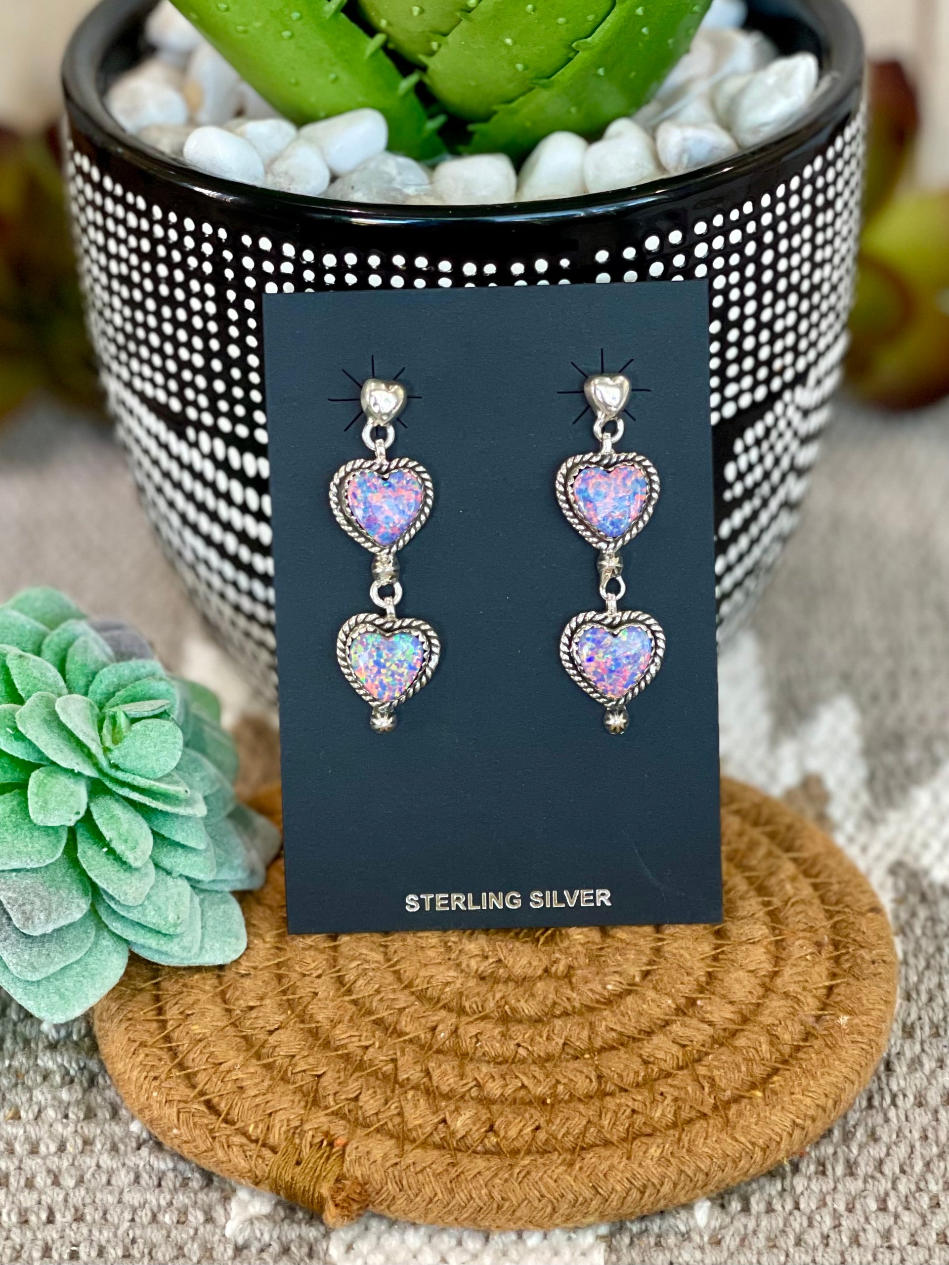 Southwest Handmade Opal & Sterling Silver Post Dangle Heart Earrings
