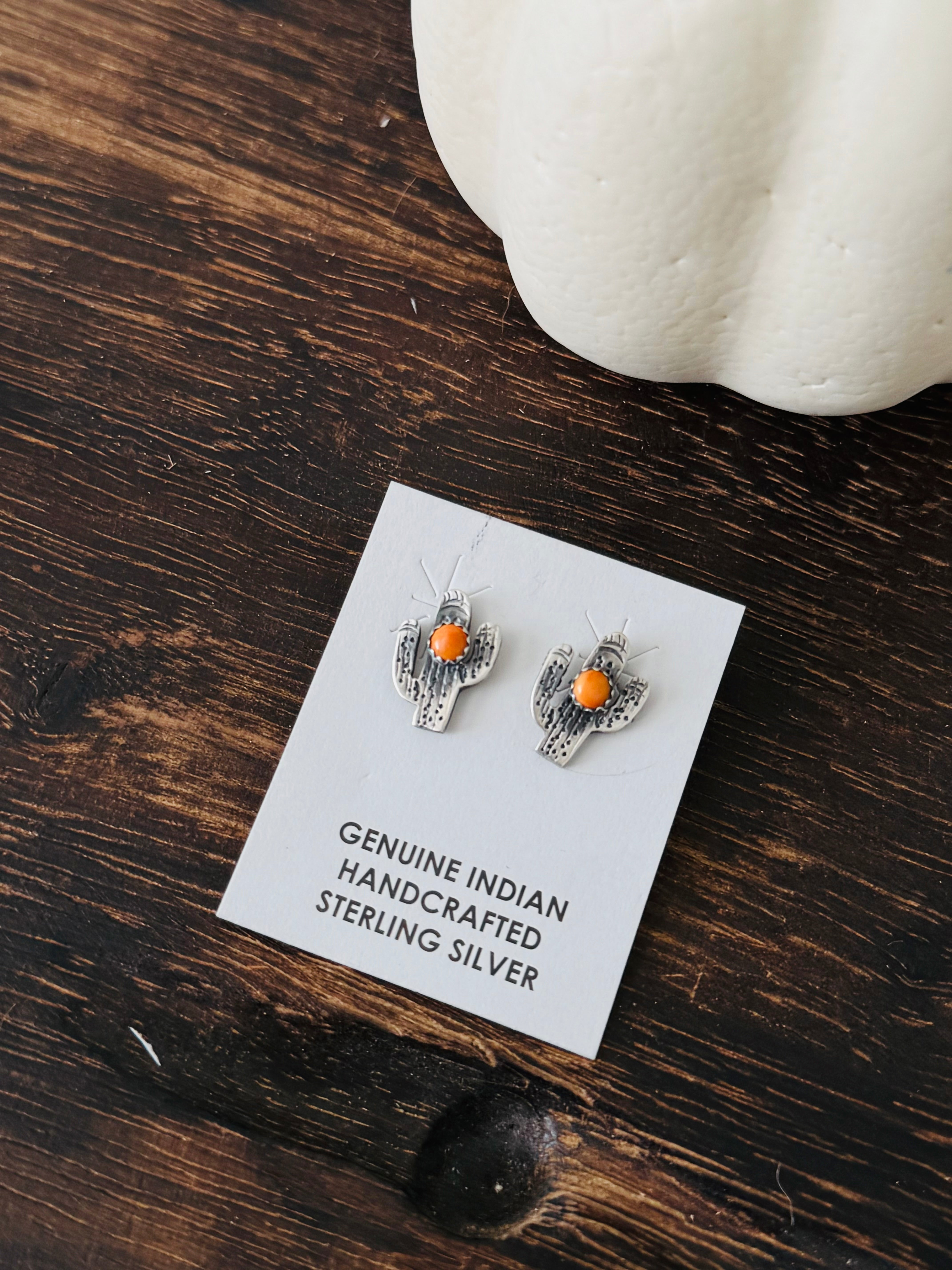 Navajo Made Spiny Oyster & Sterling Silver Cactus Post Earrings