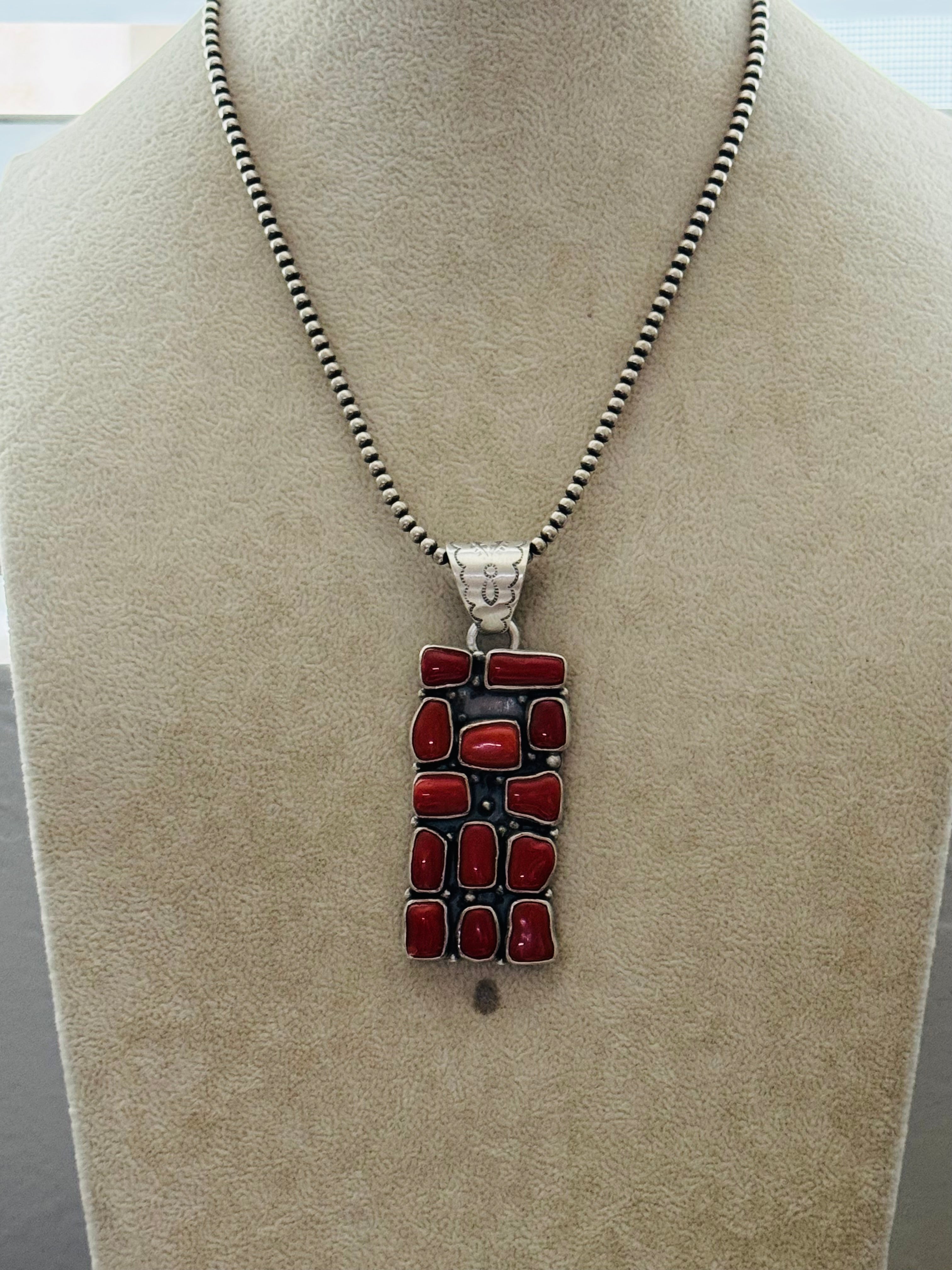 Navajo Made Mediterranean Coral & Sterling Silver Pendant