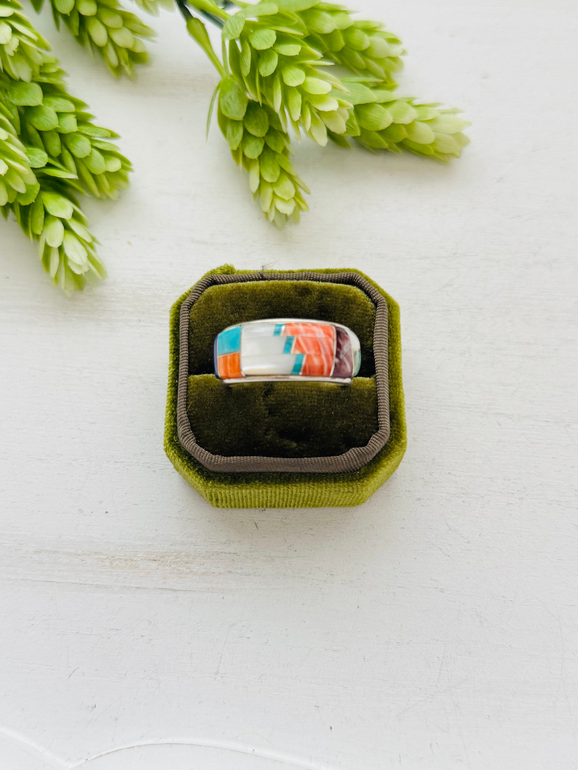 Eugene Chee Multi Stone & Sterling Silver Inlay Ring Size 13