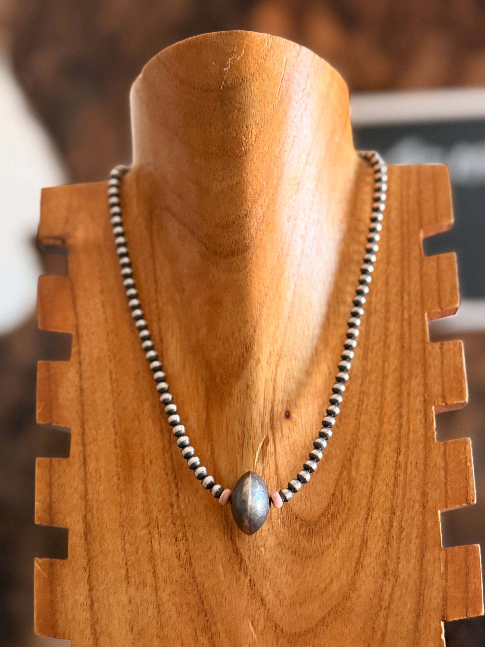 Navajo Strung Pink Conch & Sterling Silver Graduated & Saucer Pearl Necklace