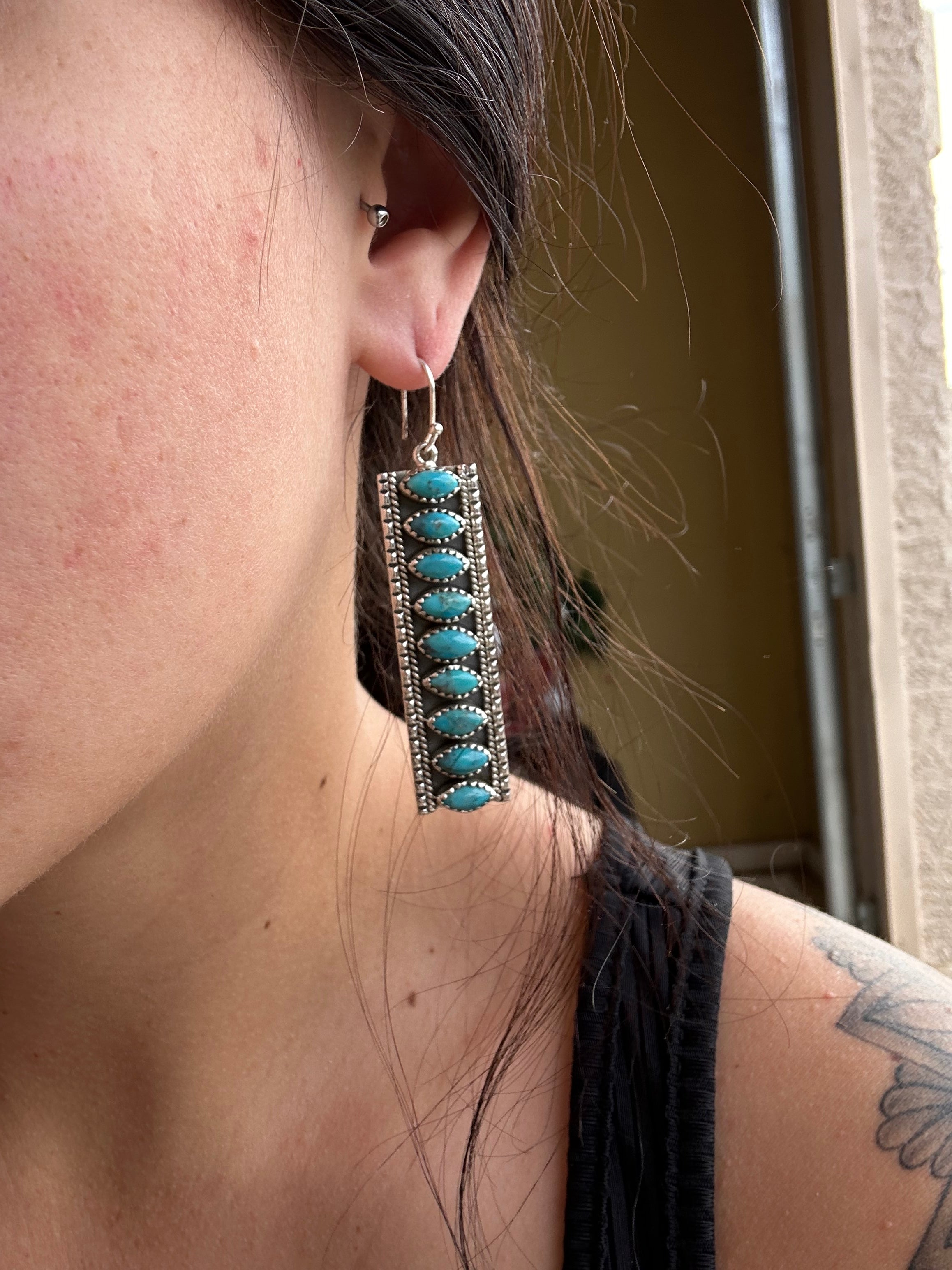 Southwest Handmade Kingman Turquoise & Sterling Silver Dangle Cluster Earrings