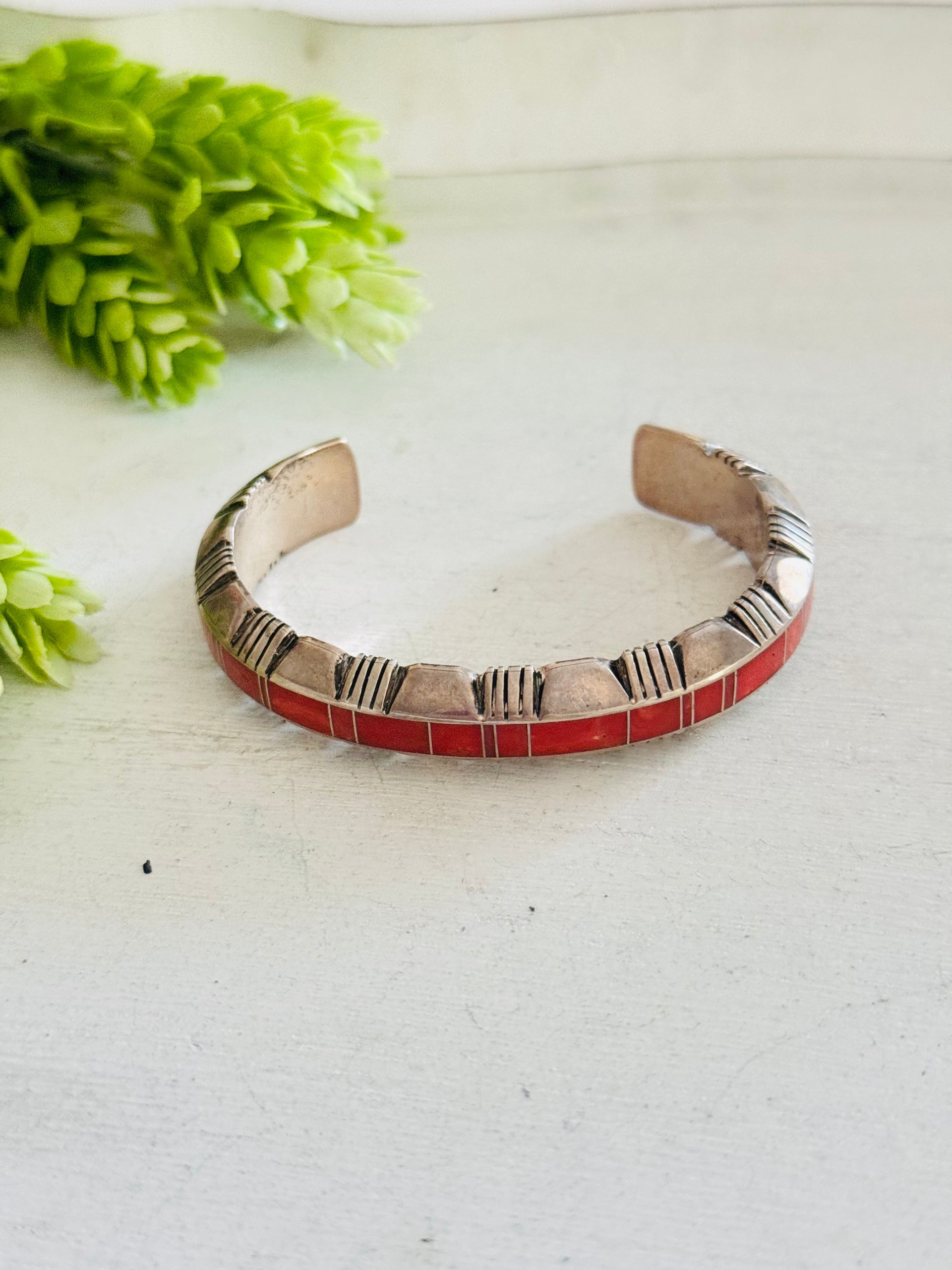 OldPawn Thomas Francisco Red Coral & Sterling Silver Inlay Cuff Bracelet