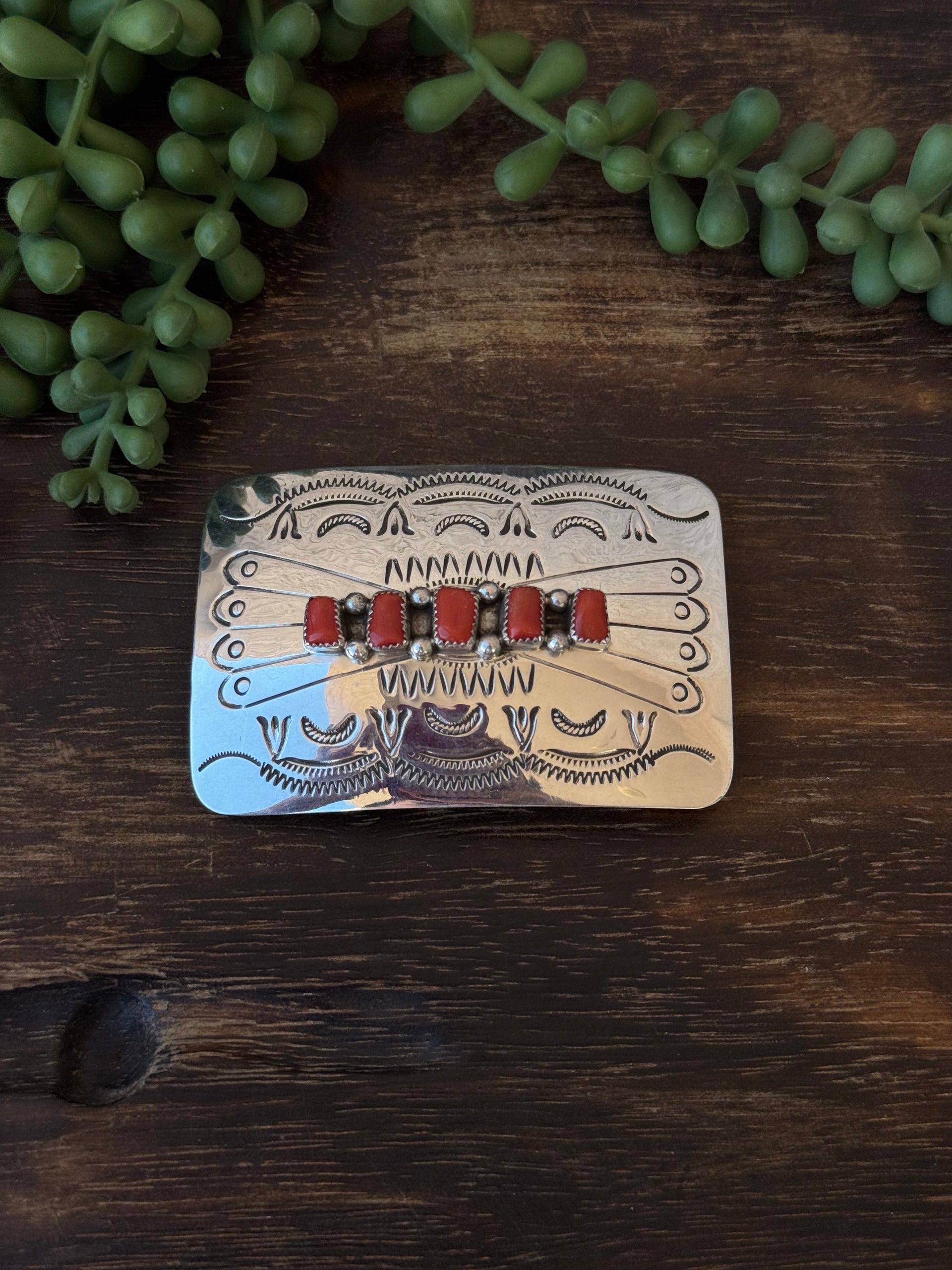 Navajo Made Red Coral & Sterling Silver Belt Buckle