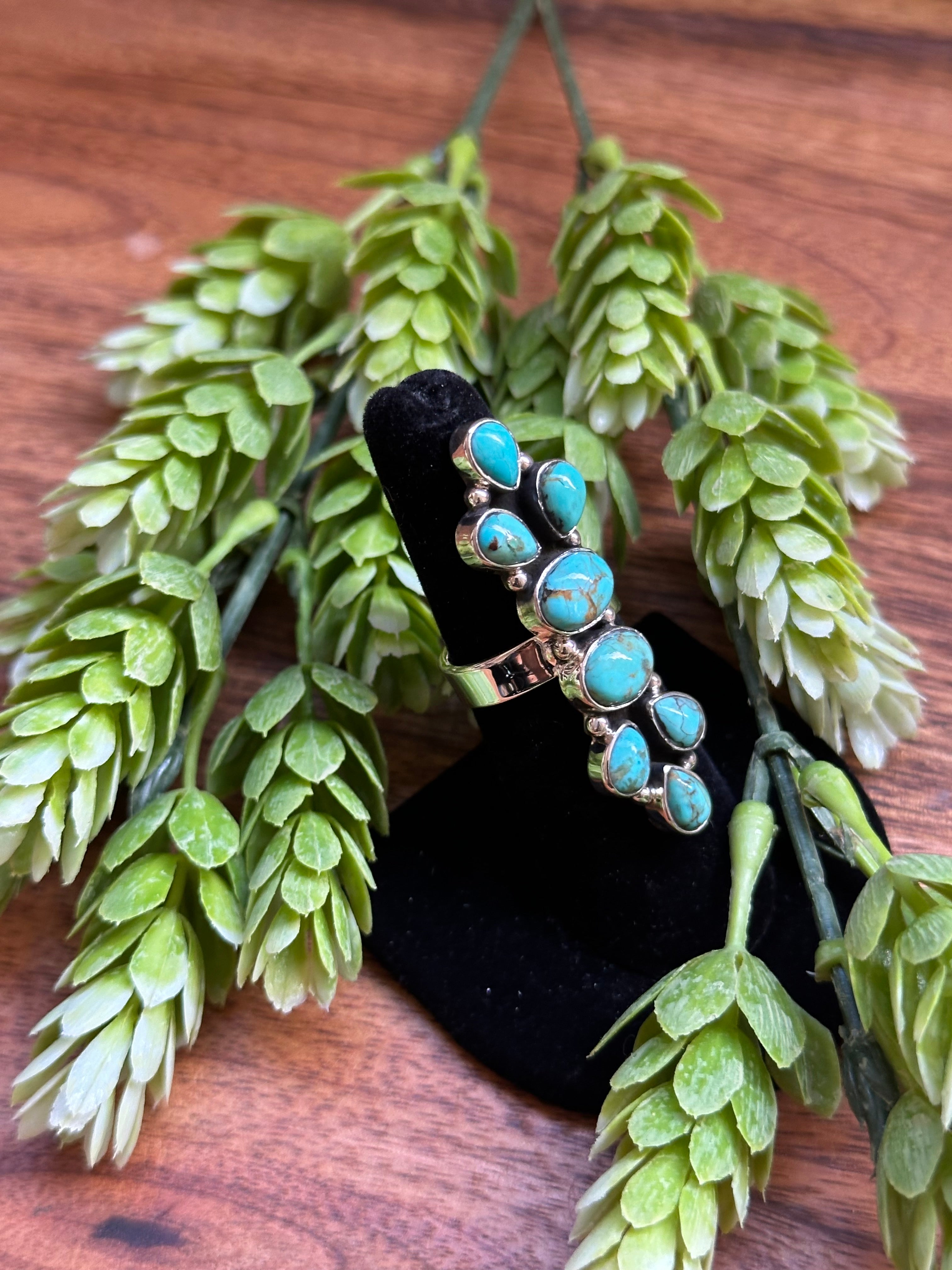 Southwest Handmade Kingman Turquoise & Sterling Silver Adjustable Cluster Ring