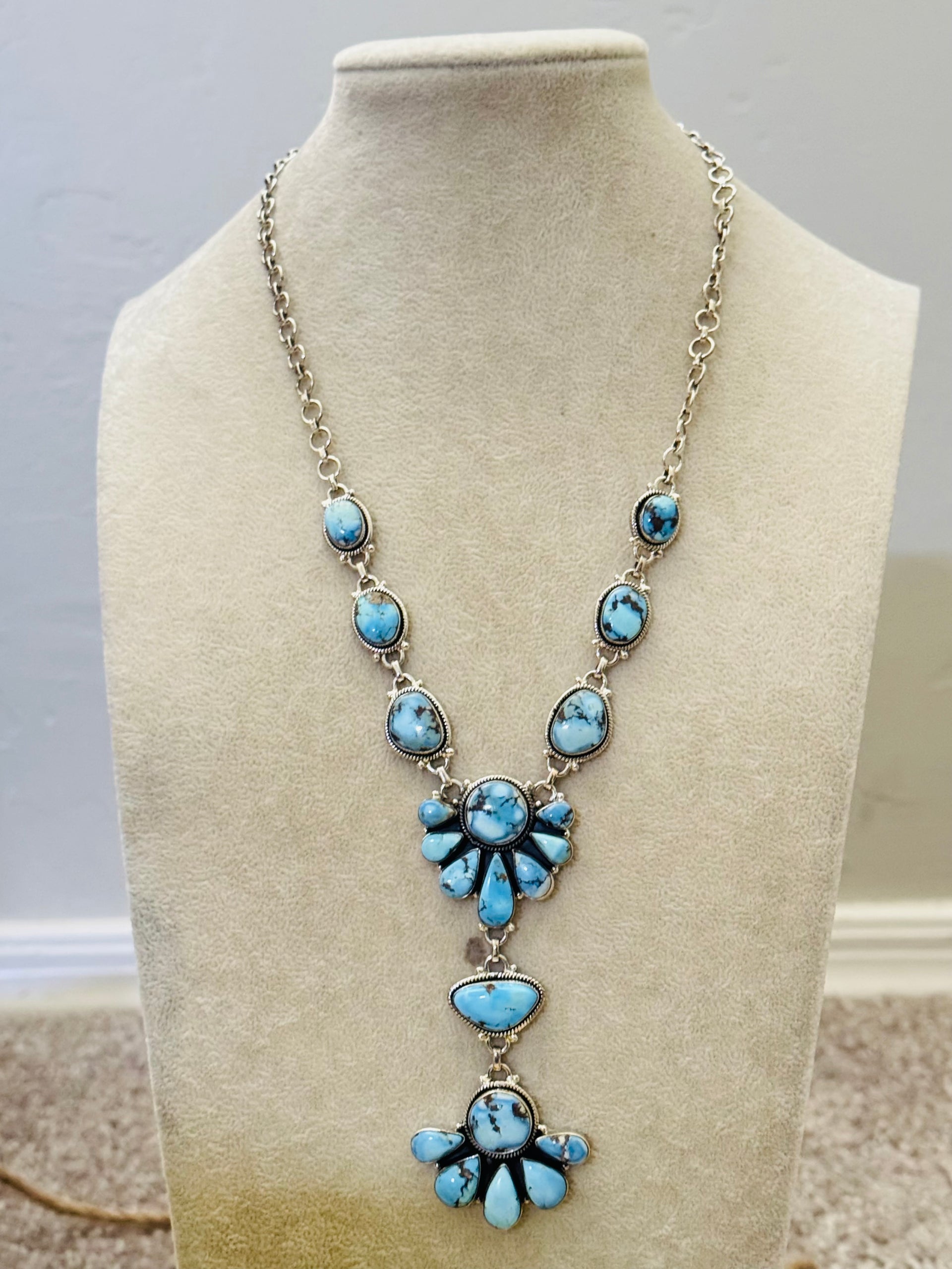 Southwest Handmade Golden Hills Turquoise & Sterling Silver Cluster Necklace