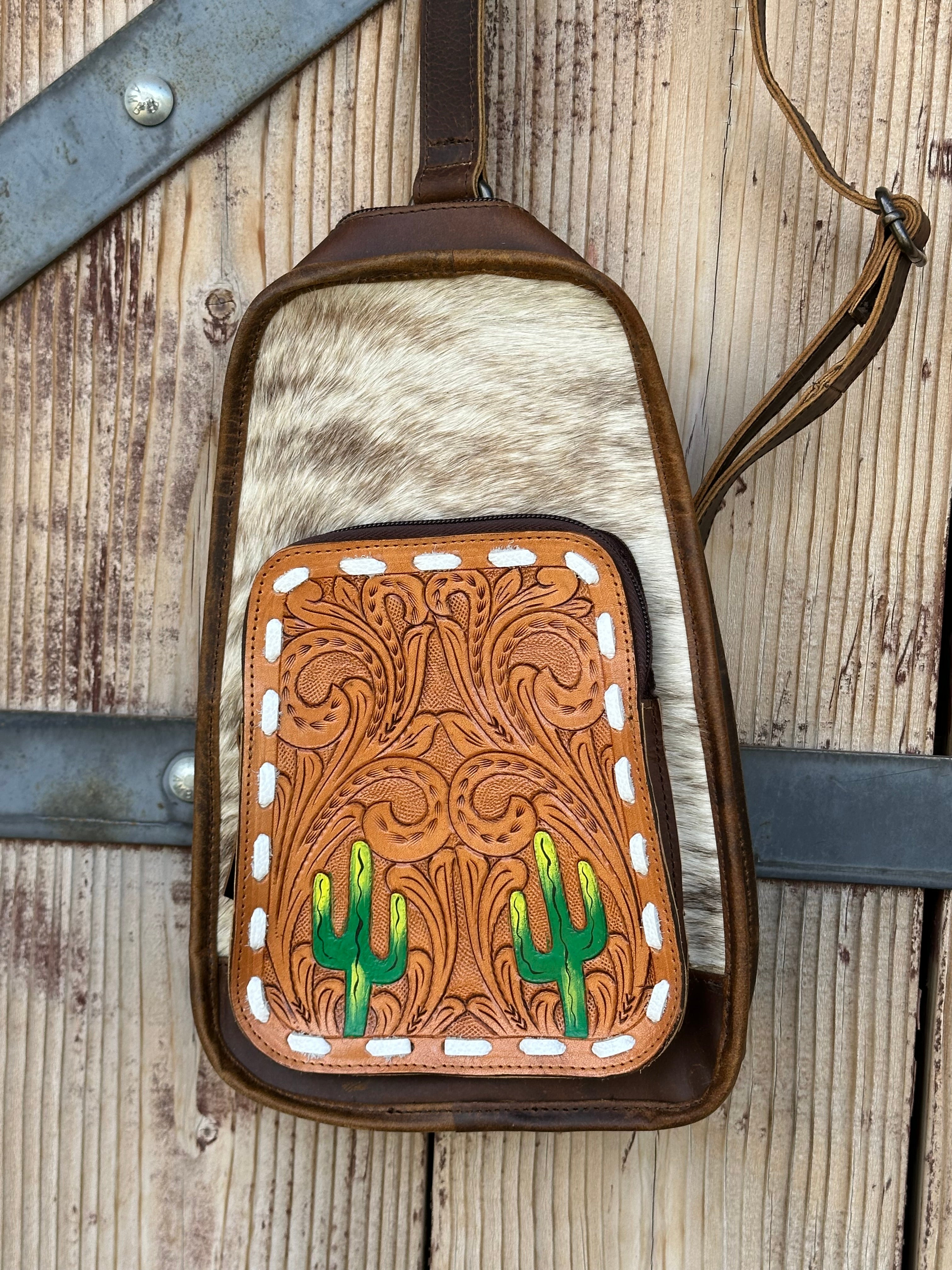 Genuine Tooled Leather & Cowhide Cross Body Purse/Pack