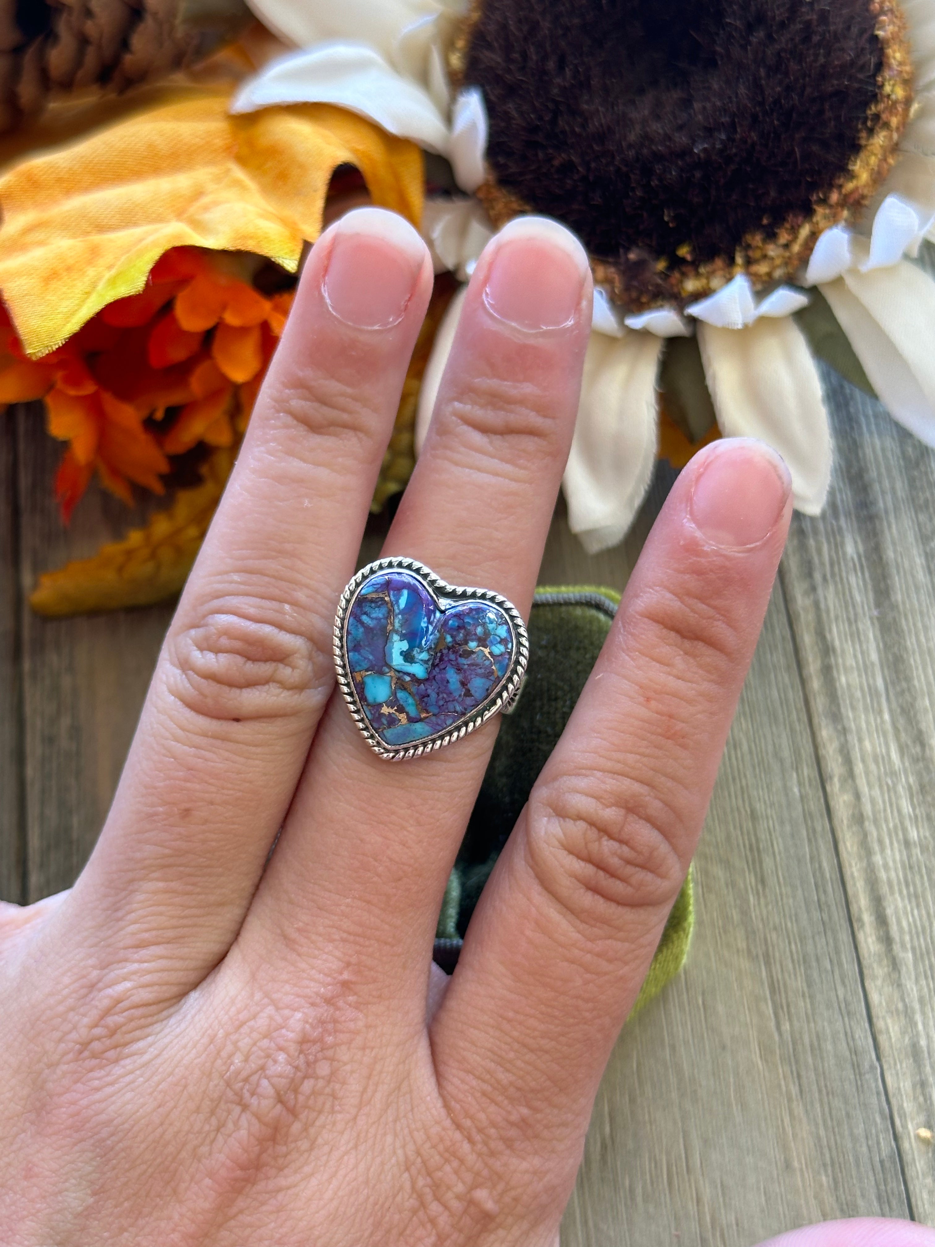 Southwest Handmade Mohave Turquoise & Sterling Silver Adjustable Heart Ring
