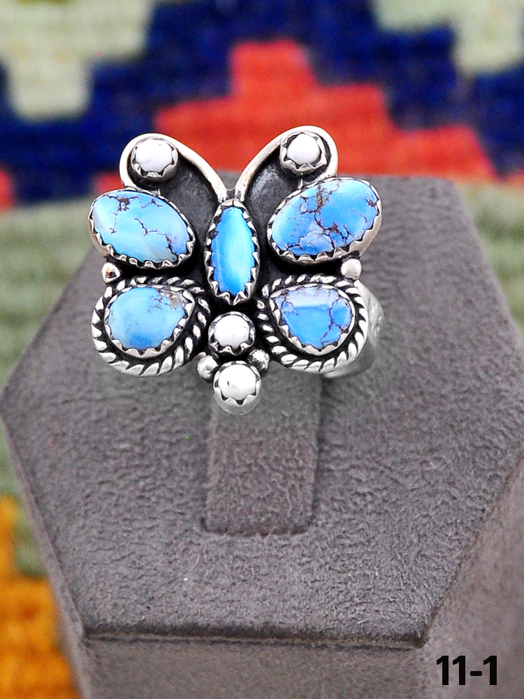Southwest Handmade White Buffalo with Golden Hills Turquoise & Sterling Silver Adjustable Ring