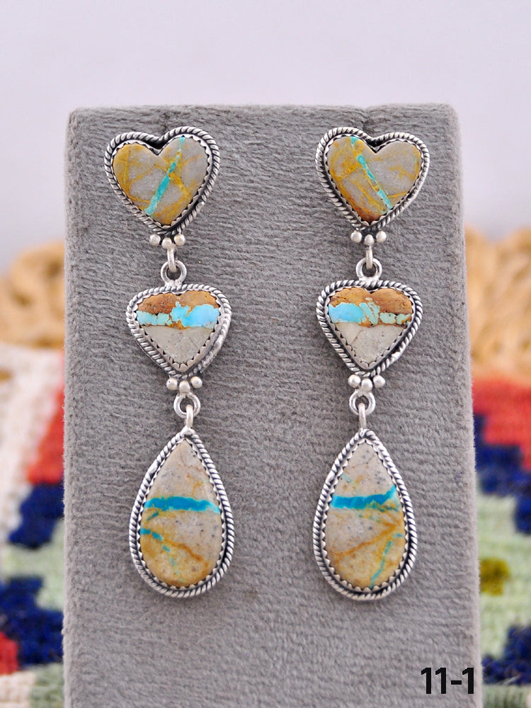 Southwest Handmade Ribbon Royston Turquoise & Sterling Silver Post Dangle Earrings