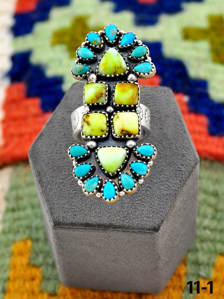 Southwest Handmade Palomino Turquoise with Mohave Turquoise & Sterling Silver Adjustable Ring