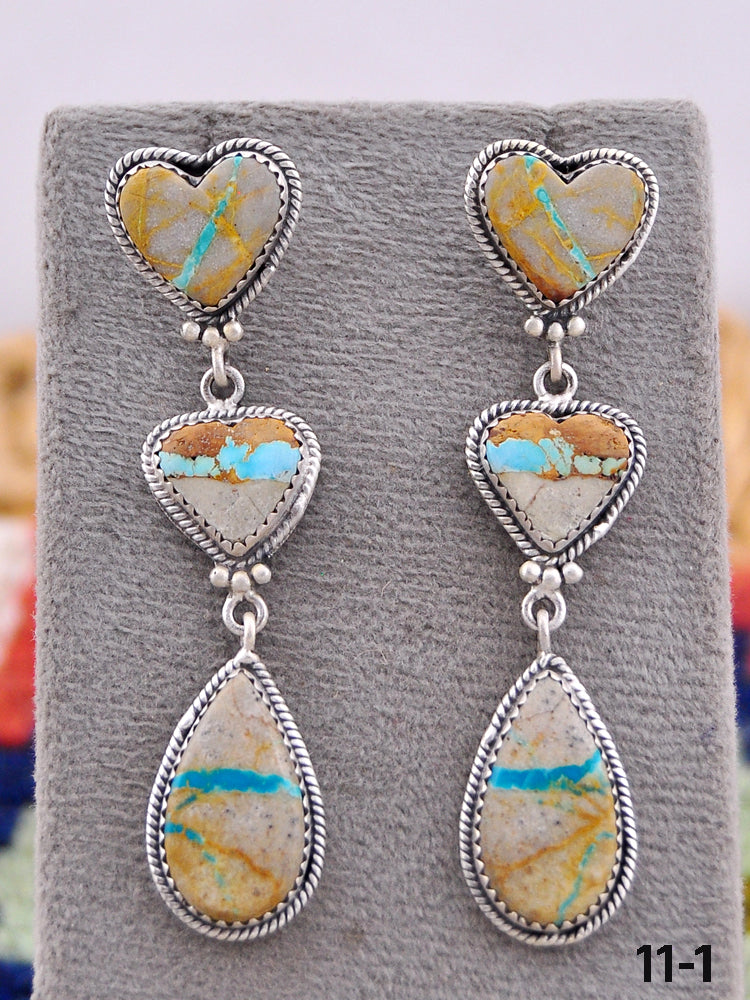 Southwest Handmade Ribbon Royston Turquoise & Sterling Silver Post Dangle Earrings