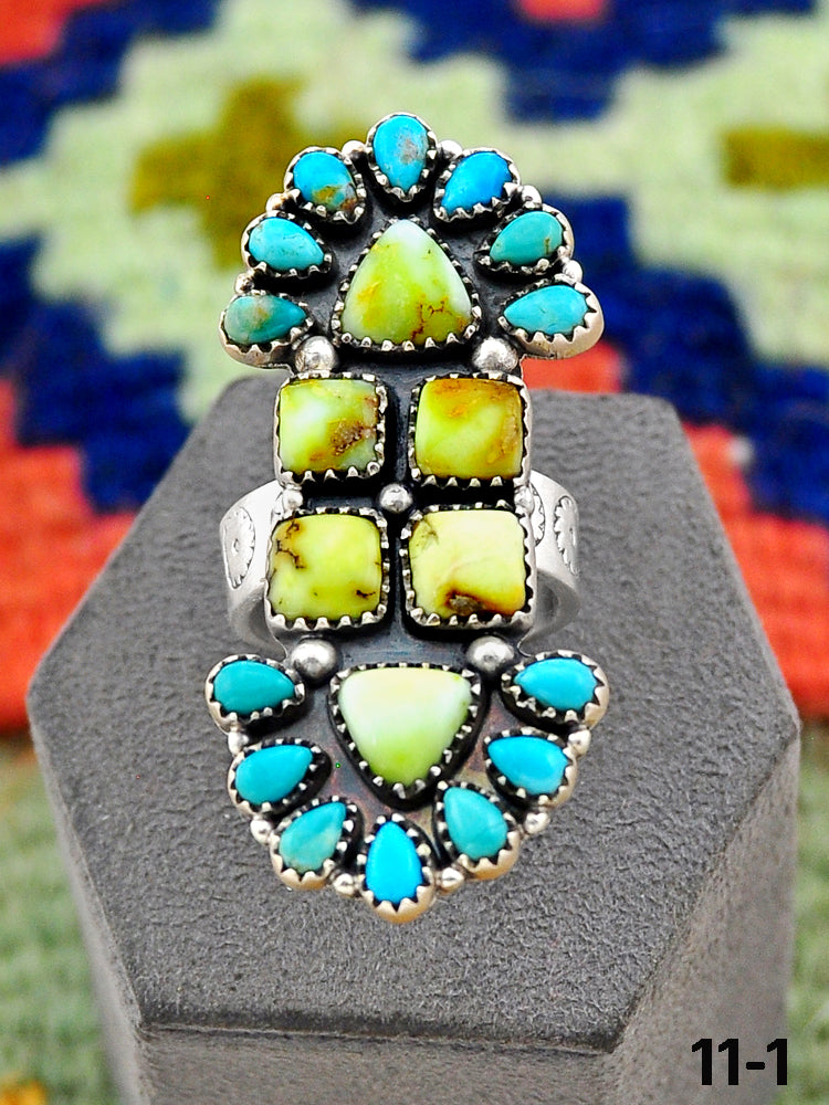 Southwest Handmade Palomino Turquoise with Mohave Turquoise & Sterling Silver Adjustable Ring
