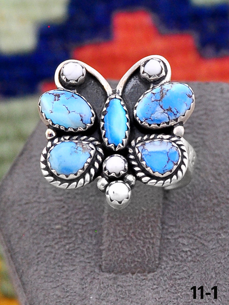 Southwest Handmade White Buffalo with Golden Hills Turquoise & Sterling Silver Adjustable Ring