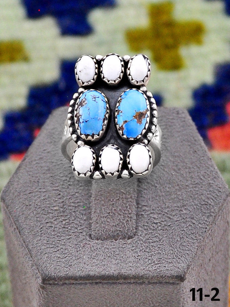 Southwest Handmade White Buffalo with Golden Hills Turquoise & Sterling Silver Adjustable Ring